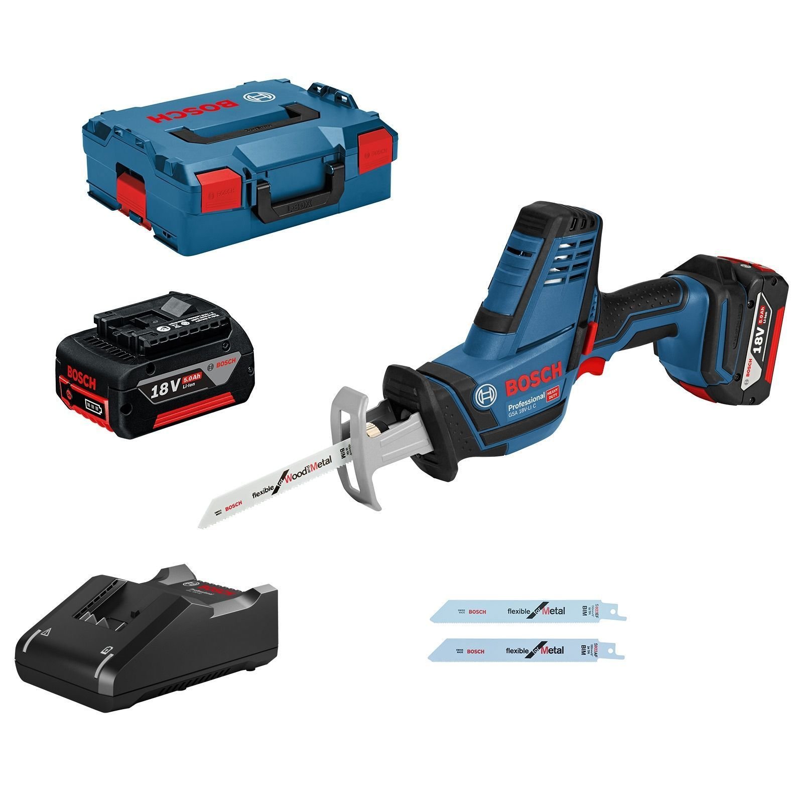 Bosch Akku-Säbelsäge GSA 18V-LI Compact / 2x 5,0 Ah Akku + Ladegerät in L-Boxx - 06016A5002