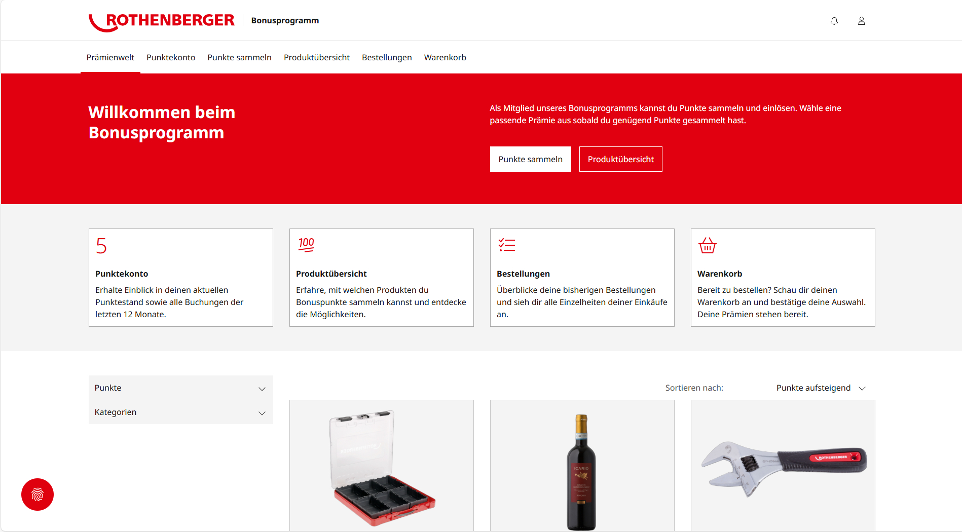 Rothenberger Online-Übersicht mit Kategorien und Produkten