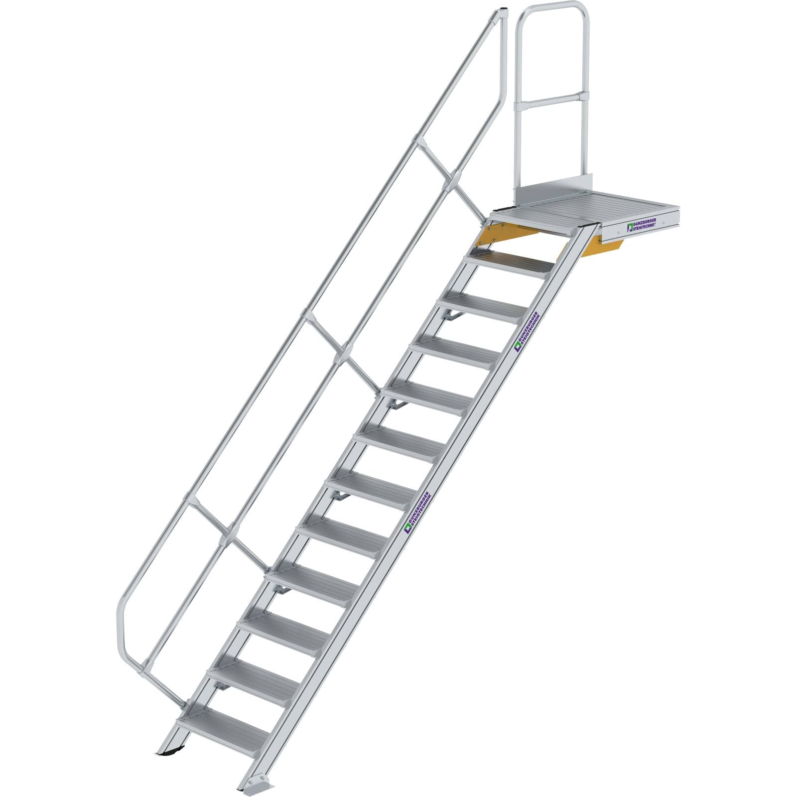 Günzburger Steigtechnik Treppe mit Plattform 45° Stufenbreite 600 mm 12 Stufen Aluminium geriffelt - 600432