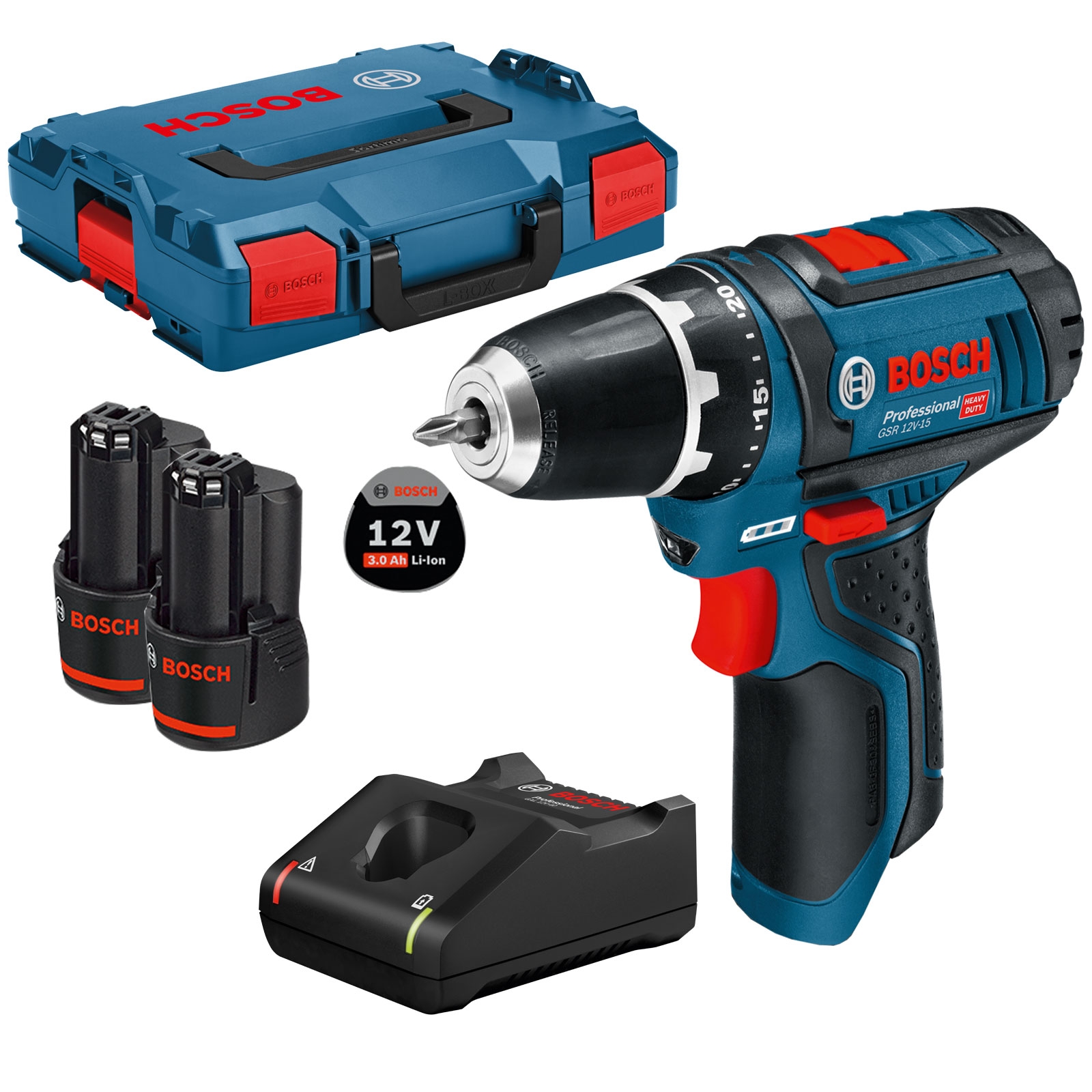 Bosch Akku-Bohrschrauber GSR 12V-15 / 2x 3,0 Ah Akku + Ladegerät in L-Boxx