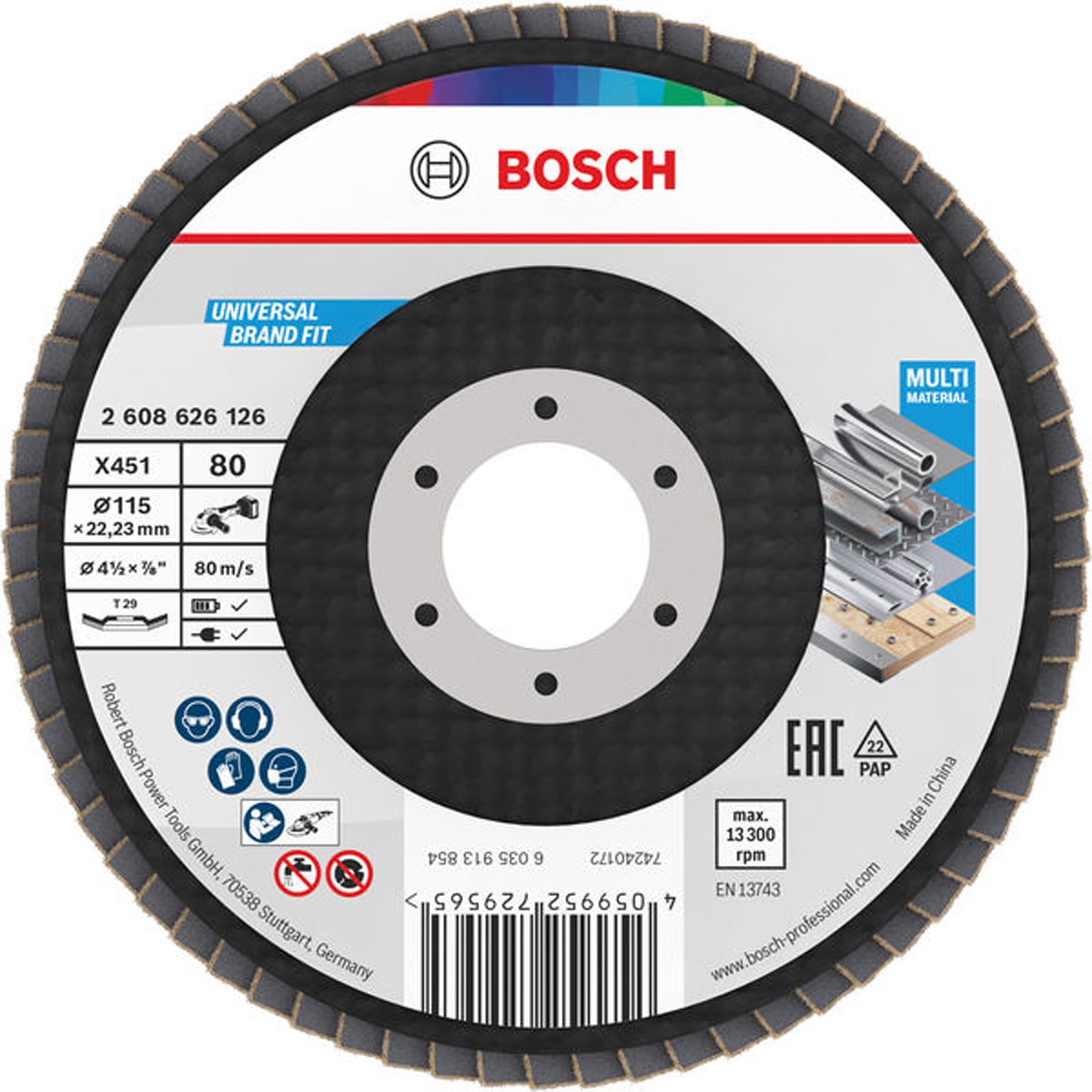 Bosch X451 Fächerschleifscheibe, 115 x 22,23 mm, K80, Z29, 15-tlg