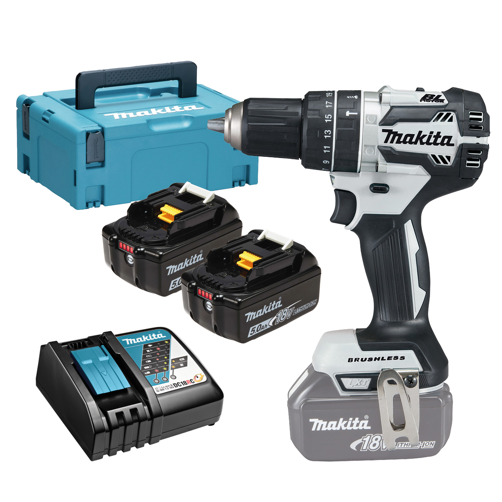 Makita DHP484RTJW Akku-Schlagbohrschrauber 18 V / 2x 5,0 Ah Akku + Ladegerät im Makpac