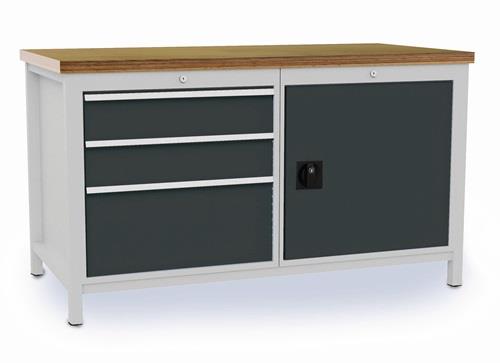 BEDRUNKA+HIRTH Werkbank grau lichtgrau B1500xH859xT750mm Buche Multiplex 40mm 3 Schubl.1 Tür - 03.15.17VA 7035/7016