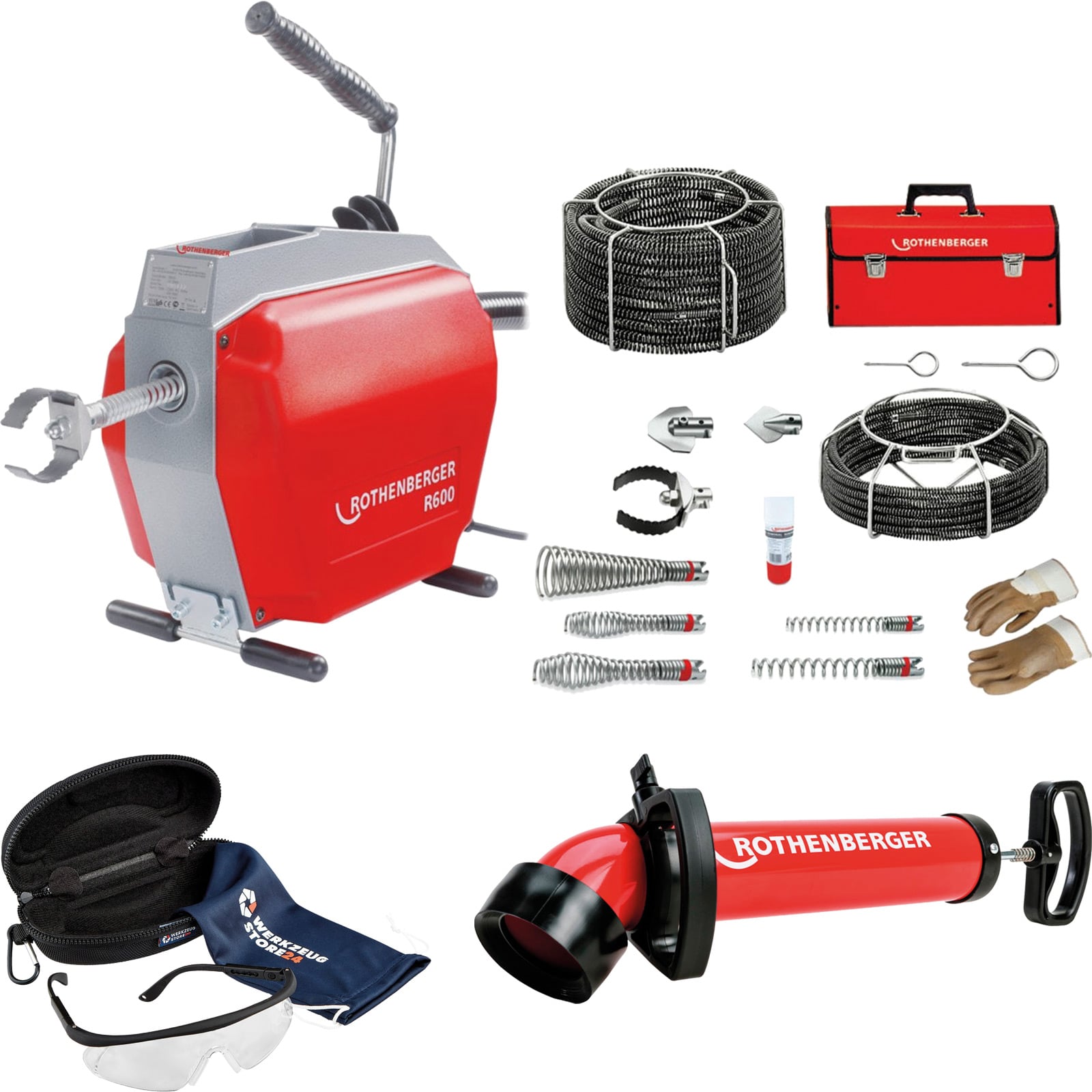 ROTHENBERGER R600 + Spiral/Werkzeugset + ROPUMP Super Plus Saug-Druckreiniger + Schutzbrille - 19173-072070x-Set