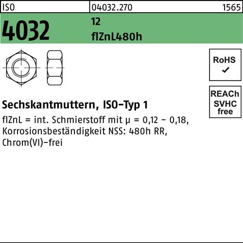 Sechskantmutter ISO 4032 M12 12 flZnL 480h zinklamellenb. 100 Stück