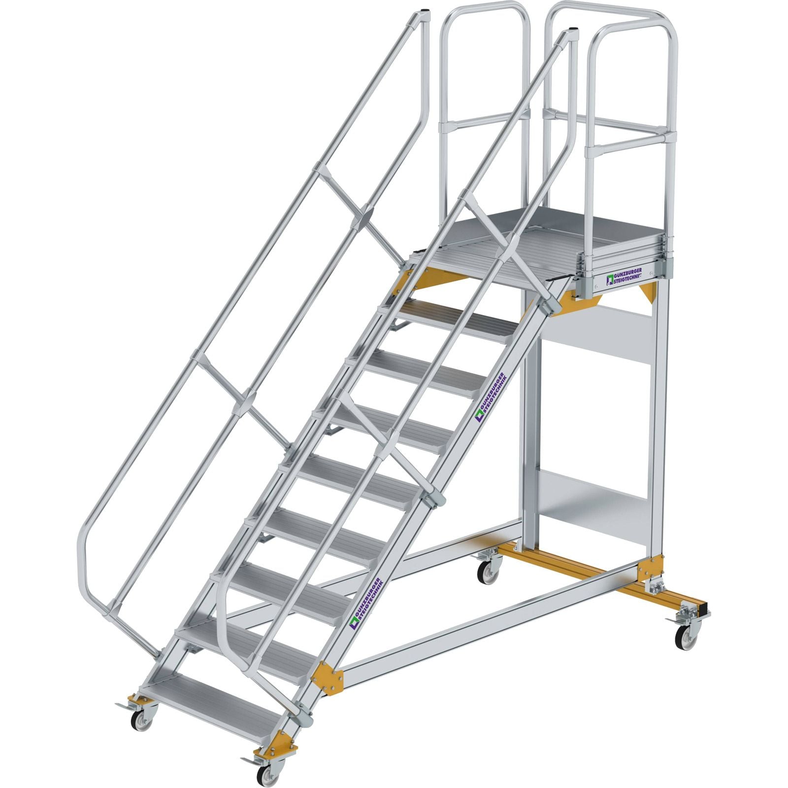 Günzburger Steigtechnik Plattformtreppe 45° fahrbar Stufenbreite 0,8 m 9 Stufen Aluminium geriffelt - 600789