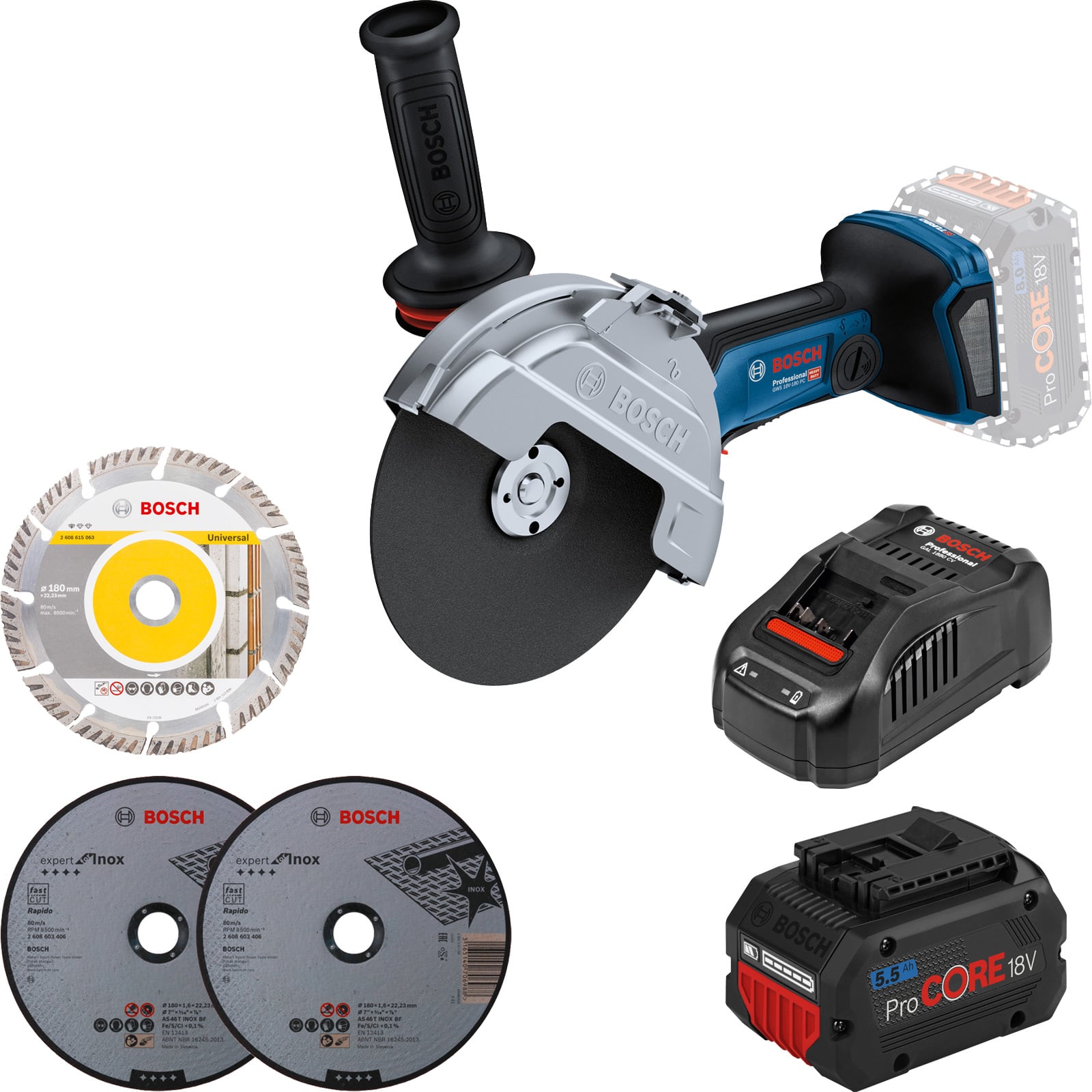 Bosch Akku-Winkelschleifer GWS 18V-180 PC Ø 180 mm / 1x 5,5 Ah ProCore + GAL 1880 CV