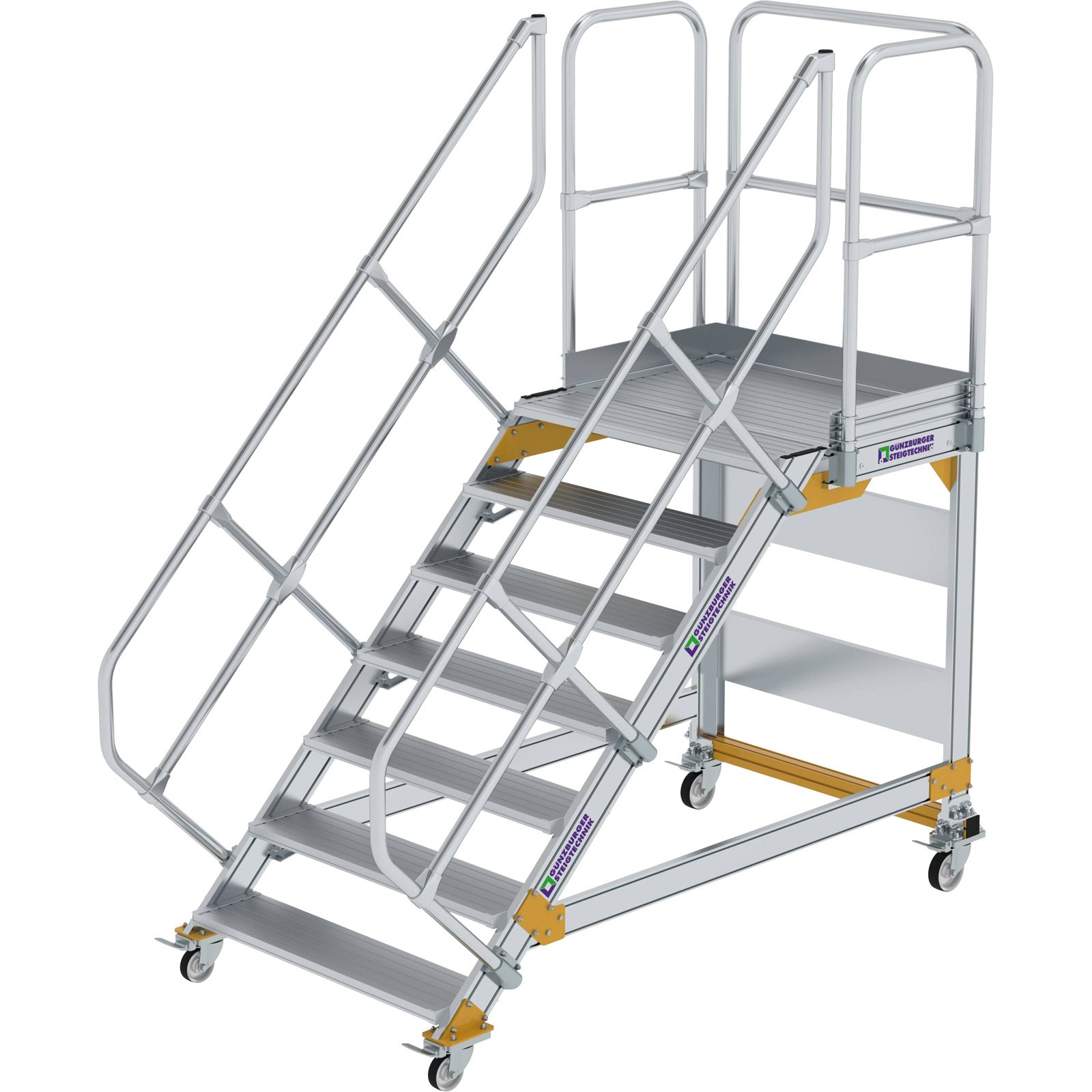 Günzburger Steigtechnik Plattformtreppe 45° fahrbar Stufenbreite 1 m 7 Stufen Aluminium geriffelt - 600807