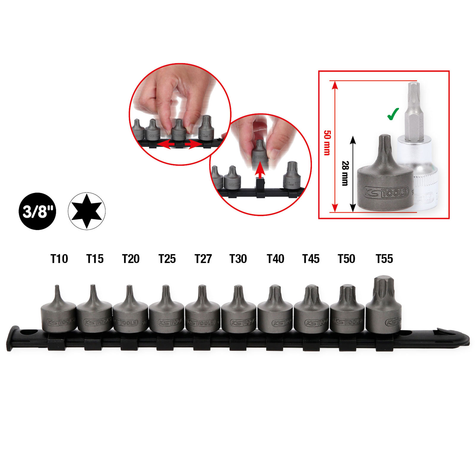 KS TOOLS 3/8" Bit-Stecknuss-Satz Torx kurz 10tlg. T10-T55 - 917.4015