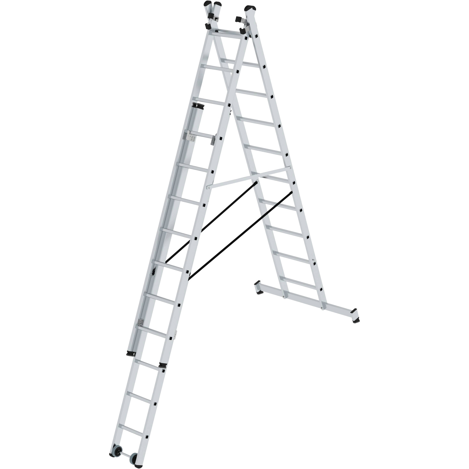 Günzburger Steigtechnik Mehrzweckleiter 3tlg. mit nivello-Traverse und Wandlaufrollen 3 x 10 Sprossen - 033310