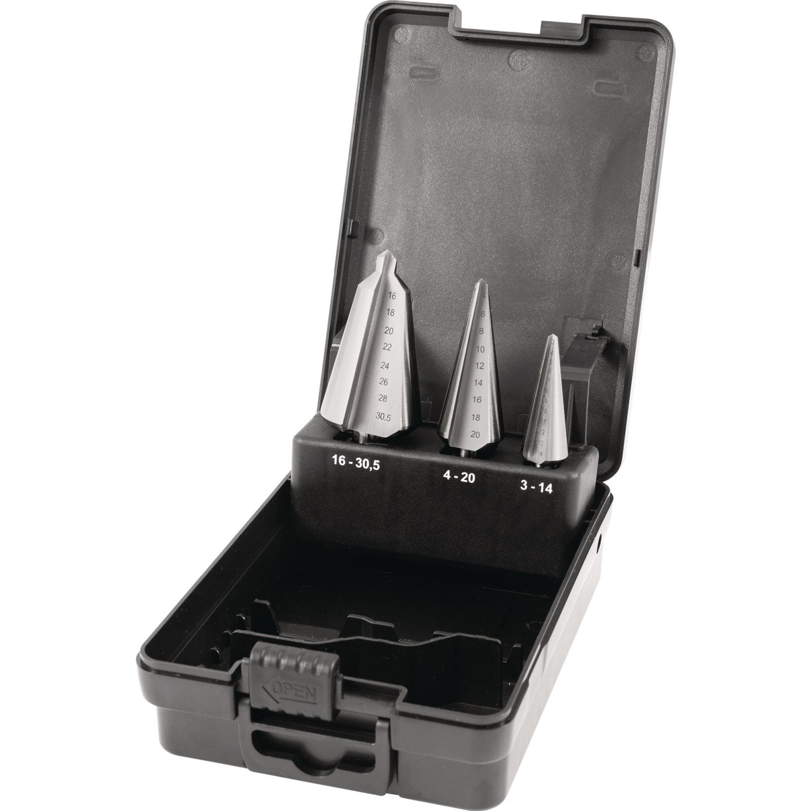 Blechschälbohrersatz 3-14/4-20/16-30,5mm HSS 3tlg.Ku.-Kass.TECWERK