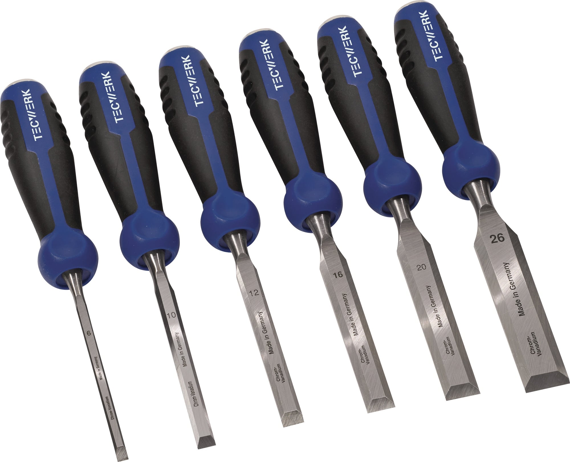Stechbeitelsatz 6,10,12,16,20,26mm 2-K Heft.m.Schlagknopf 6-tlg.Krt.TECWERK