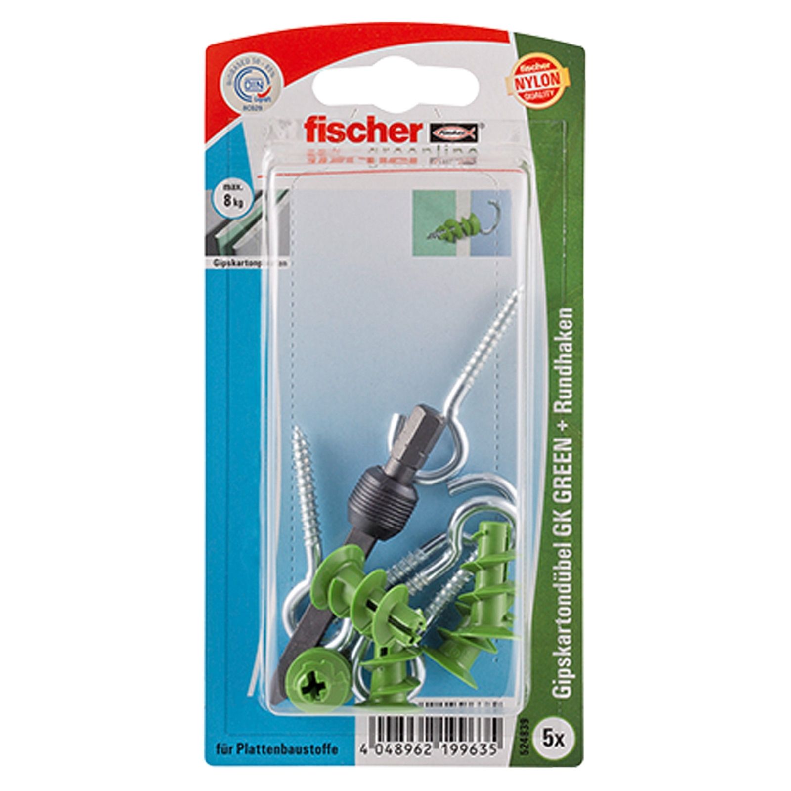 Fischer 5x Gipskartondübel GK GREEN RH mit Rundhaken - 524839
