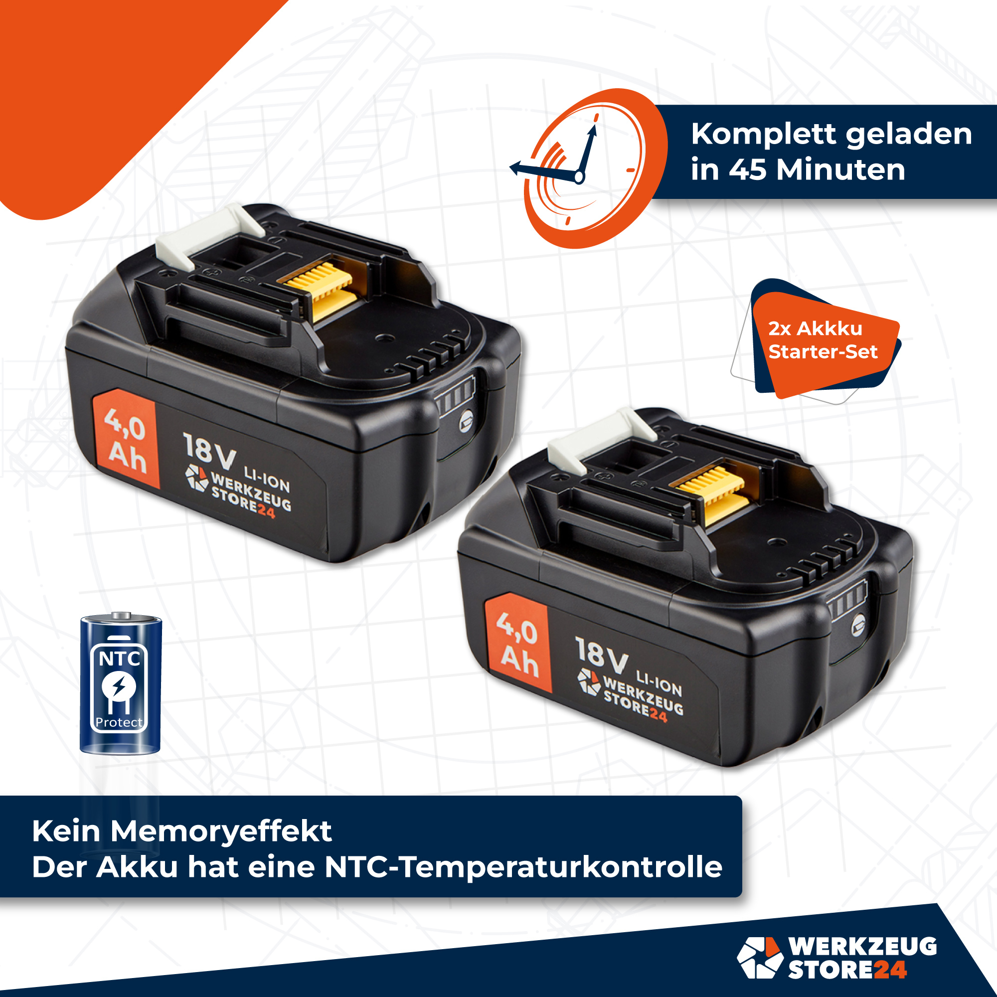 WS24 Akku Starter-Set 18 V / 2x 4,0 Ah Akku + Schnellladegerät