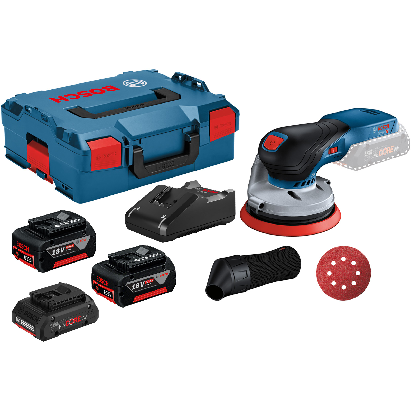 Bosch Akku-Exzenterschleifer GEX 18V-125 / 1x 4,0 Ah + 1x 4,0 Ah ProCORE18V + 1x 5,0 Ah Akku + Ladegerät in L-Boxx