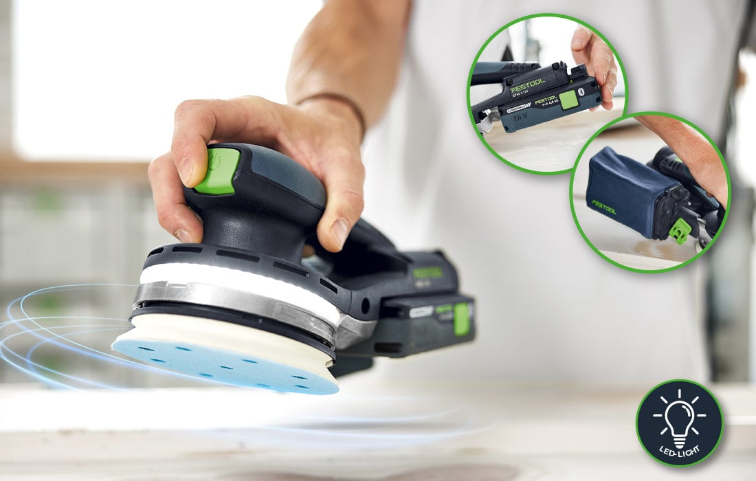 Festool Akku-Exzenterschleifer mit LED-Lichtring für optimale Sicht