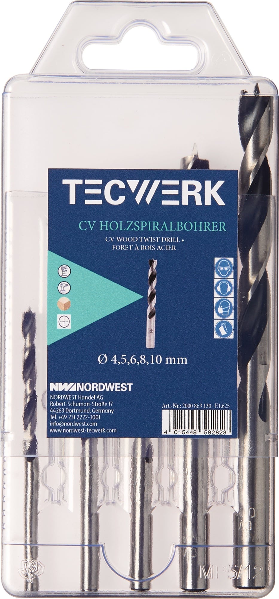 Holzspiralbohrersatz D.4,5,6,8,10mm 5tlg.CV-Stahl TECWERK