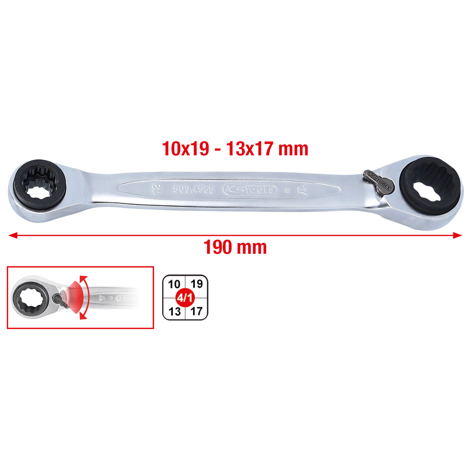 KS TOOLS 4 in 1 Gearplus umschaltbar Doppel-Ratschenringschlüssel 10 x 13 x 17 x 19 mm - 503.4565