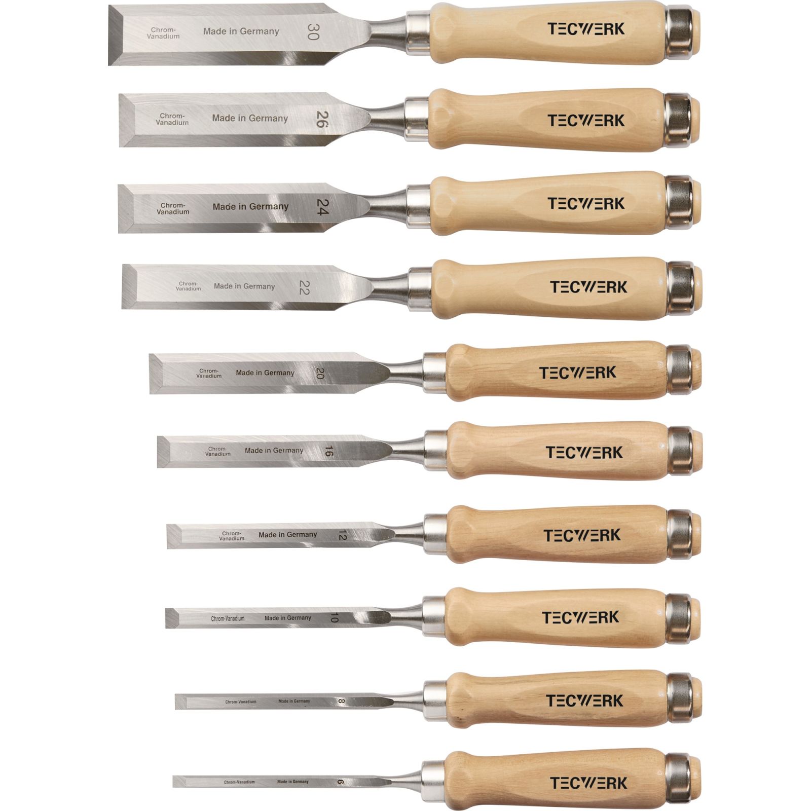 Stechbeitelsatz 6,8,10,12,16,20,22,24,26,30mm Weißbuchenh.Ulmer Form Krt. TW