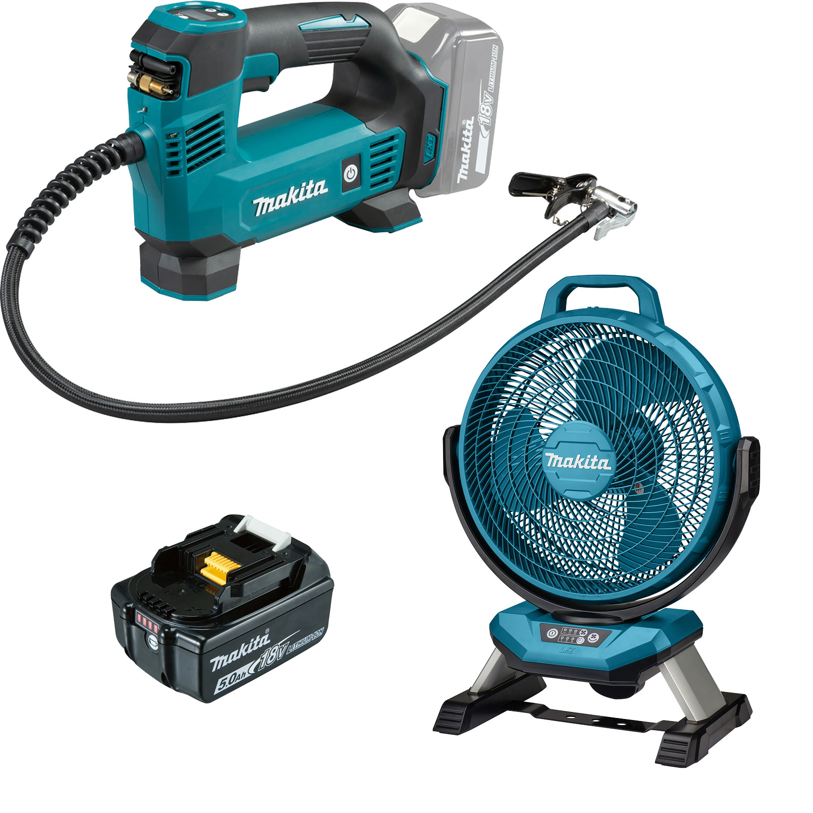 Makita DMP180T1 Akku-Kompressor 18V / 1x 5,0 Ah Akku + DCF301Z Akku-Lüfter