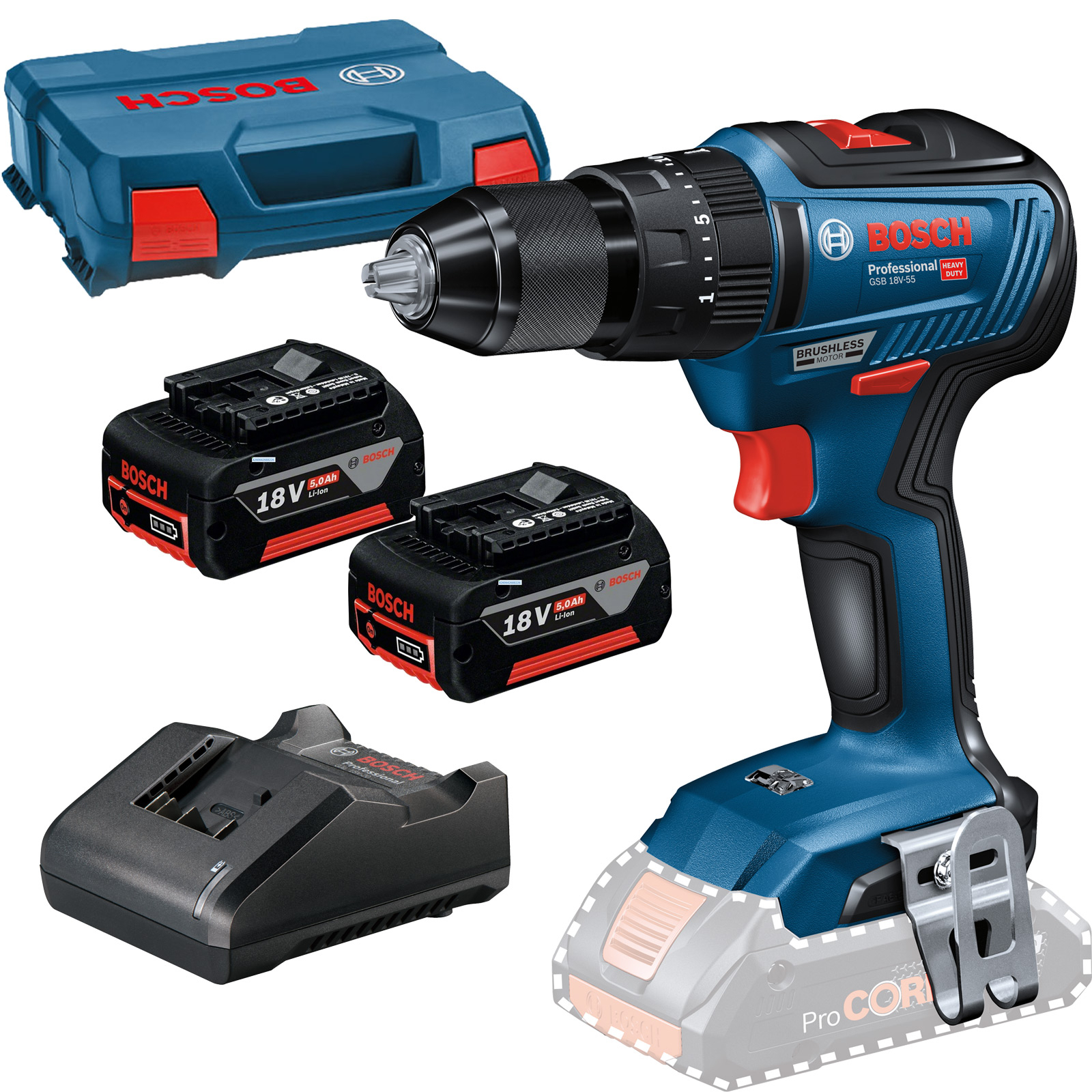 Bosch Akku-Bohrschrauber GSB 18V-55 / 2x 5,0 Ah Akku + Ladegerät in L-Case - 06019H530C