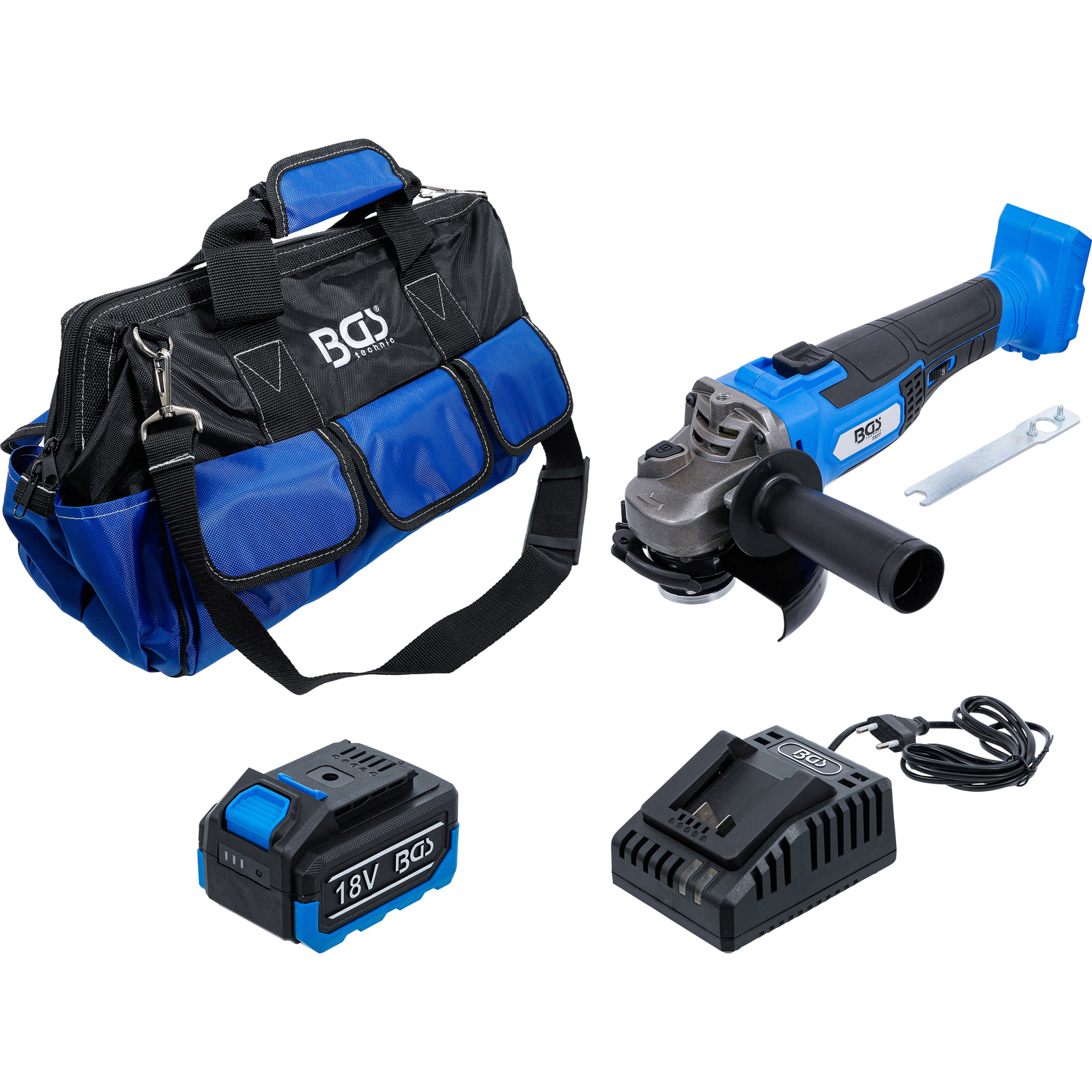 BGS Akku-Winkelschleifer-Satz | bürstenlos | 18 V | mit Akku und Schnell-Ladegerät - 7396
