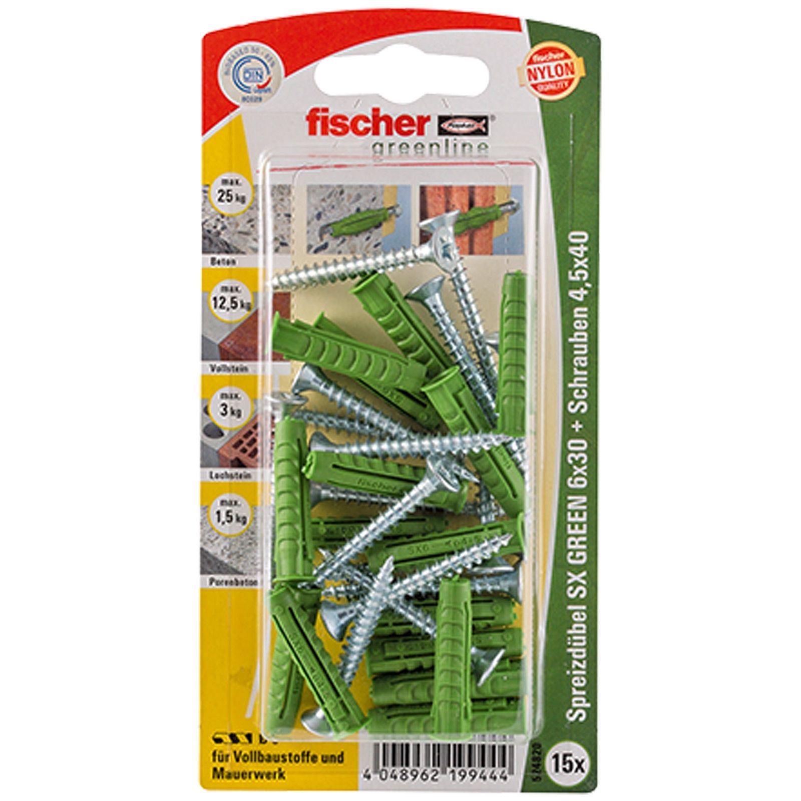 Fischer 15x Spreizdübel SX GREEN 6 x 30 mm S mit Schraube - 524820 Auslauf