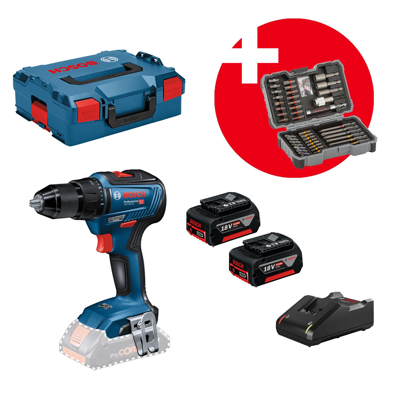 Bosch Akku-Bohrschrauber GSR 18V-55 / 2x 4,0 Ah Akku + Ladegerät inkl. Bit- und Steckschlüssel-Set 43tlg. in L-Boxx