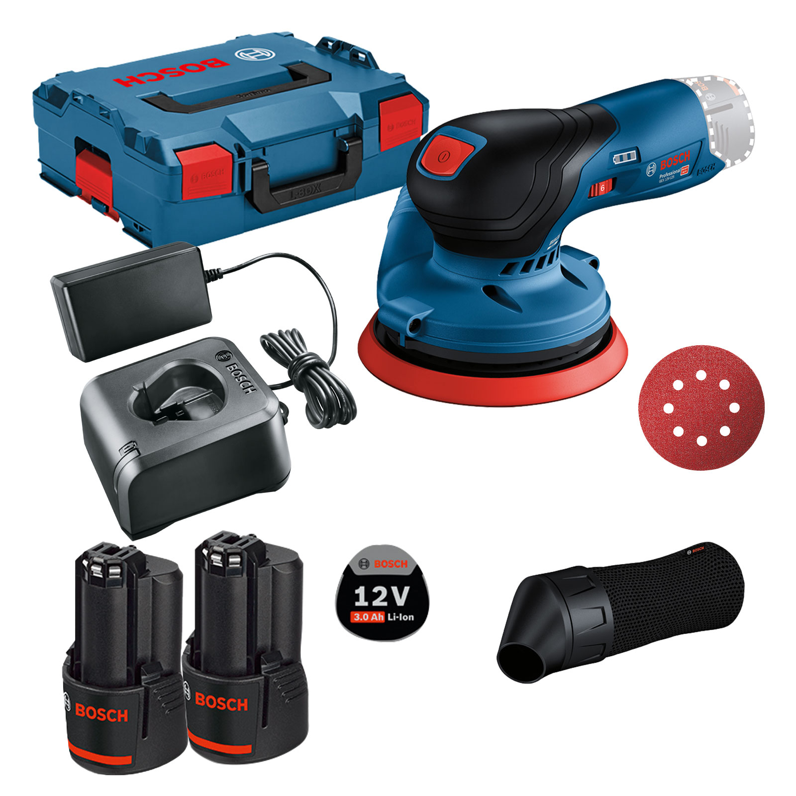 Bosch Akku-Exzenterschleifer GEX 12V-125 / 2x 3,0 Ah Akku + Ladegerät inkl. Zubehör-Set in L-Boxx