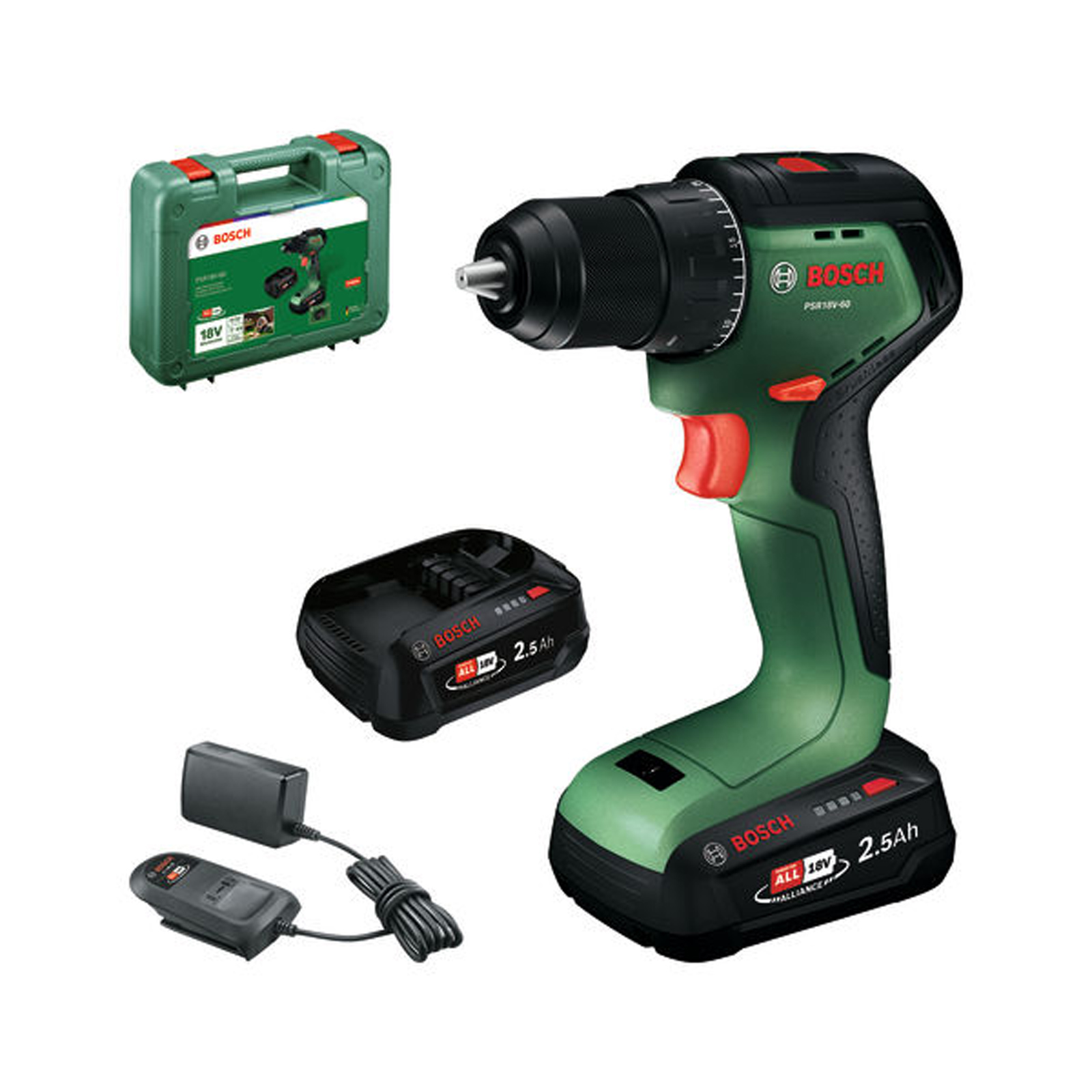 Bosch Akku-Bohrschrauber PSR18V-60 / 2x Akku PBA 18V 2.5Ah in Handwerkerkoffer - 06039D7202
