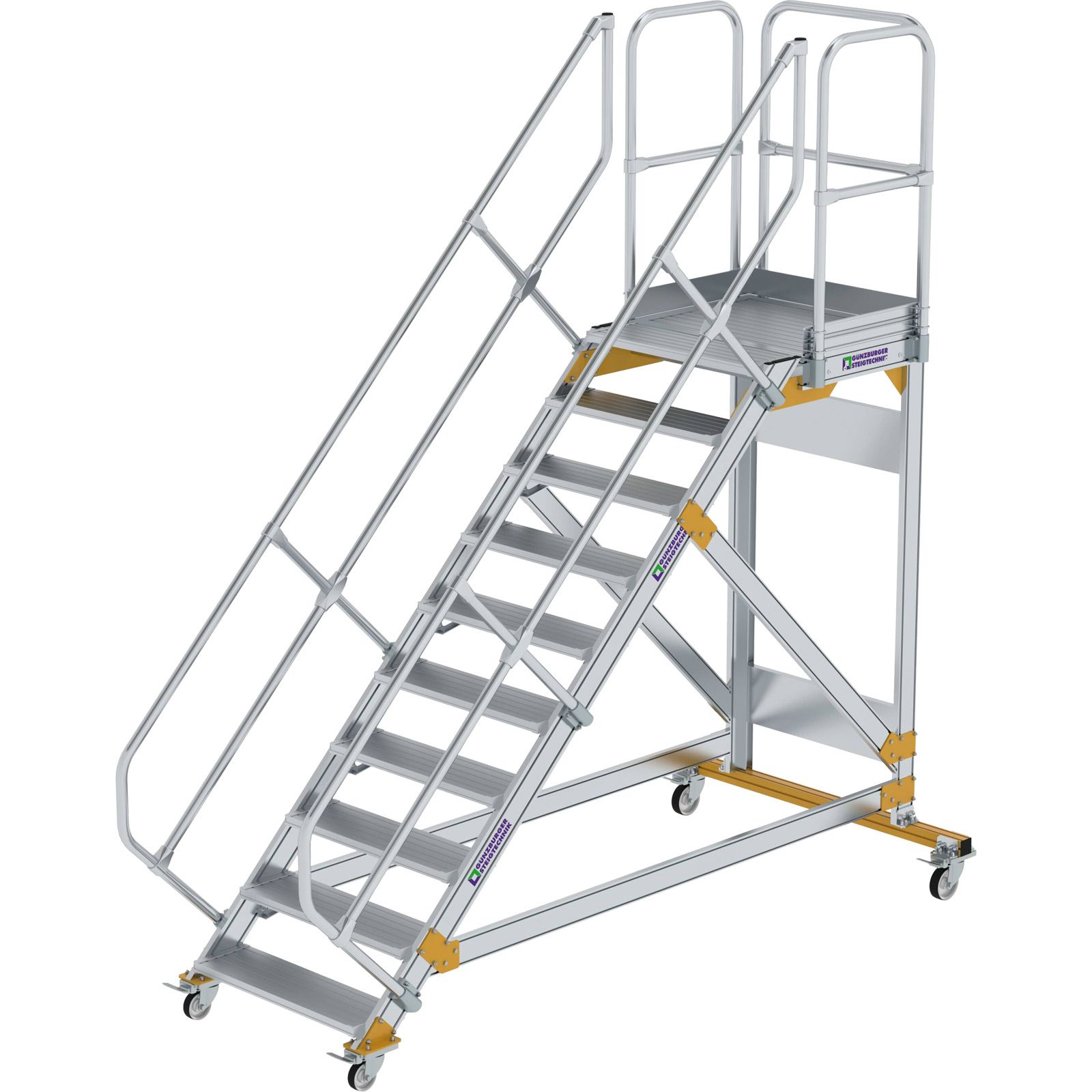 Günzburger Steigtechnik Plattformtreppe 45° fahrbar Stufenbreite 0,8 m 10 Stufen Aluminium geriffelt - 600790