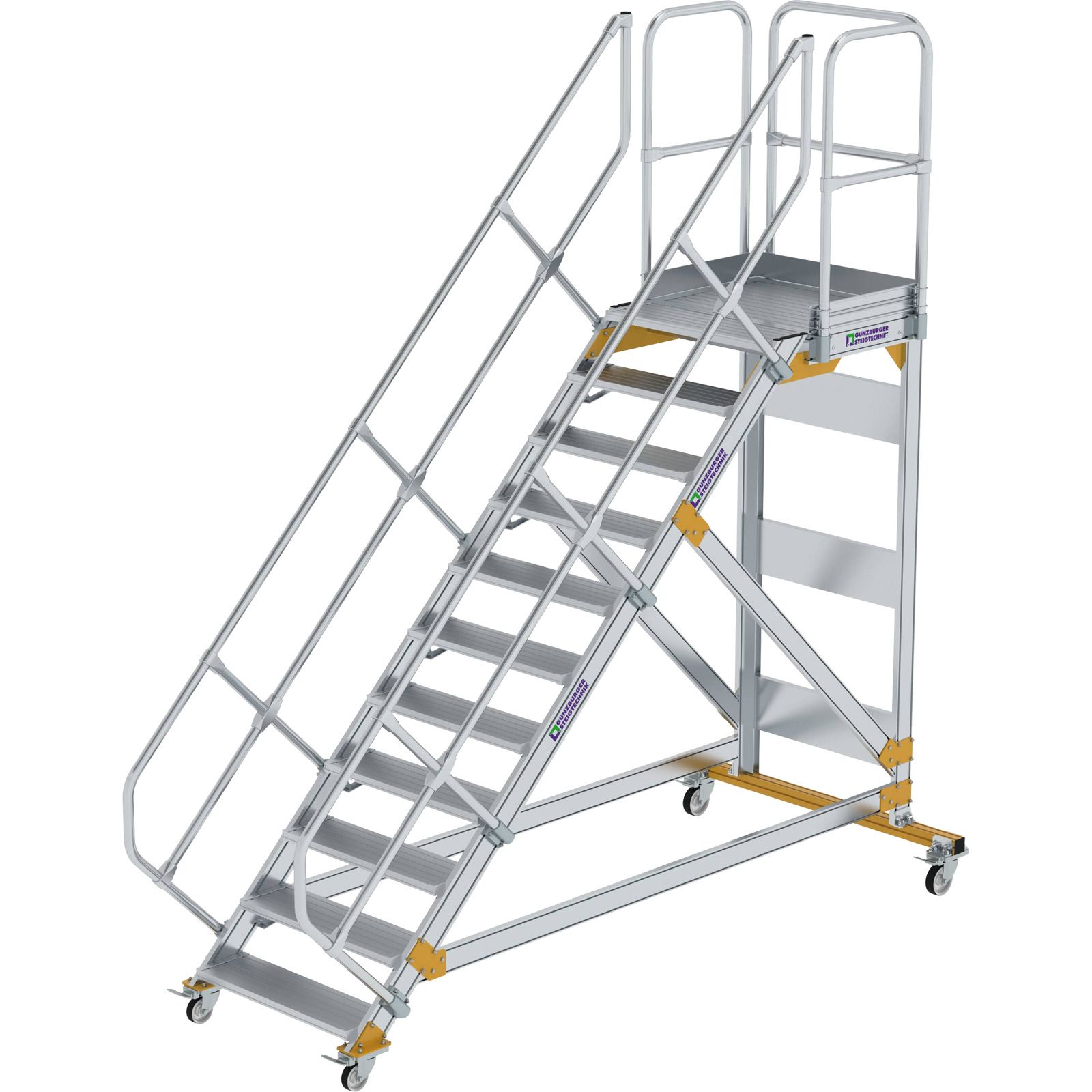 Günzburger Steigtechnik Plattformtreppe 45° fahrbar Stufenbreite 0,8 m 11 Stufen Aluminium geriffelt - 600791