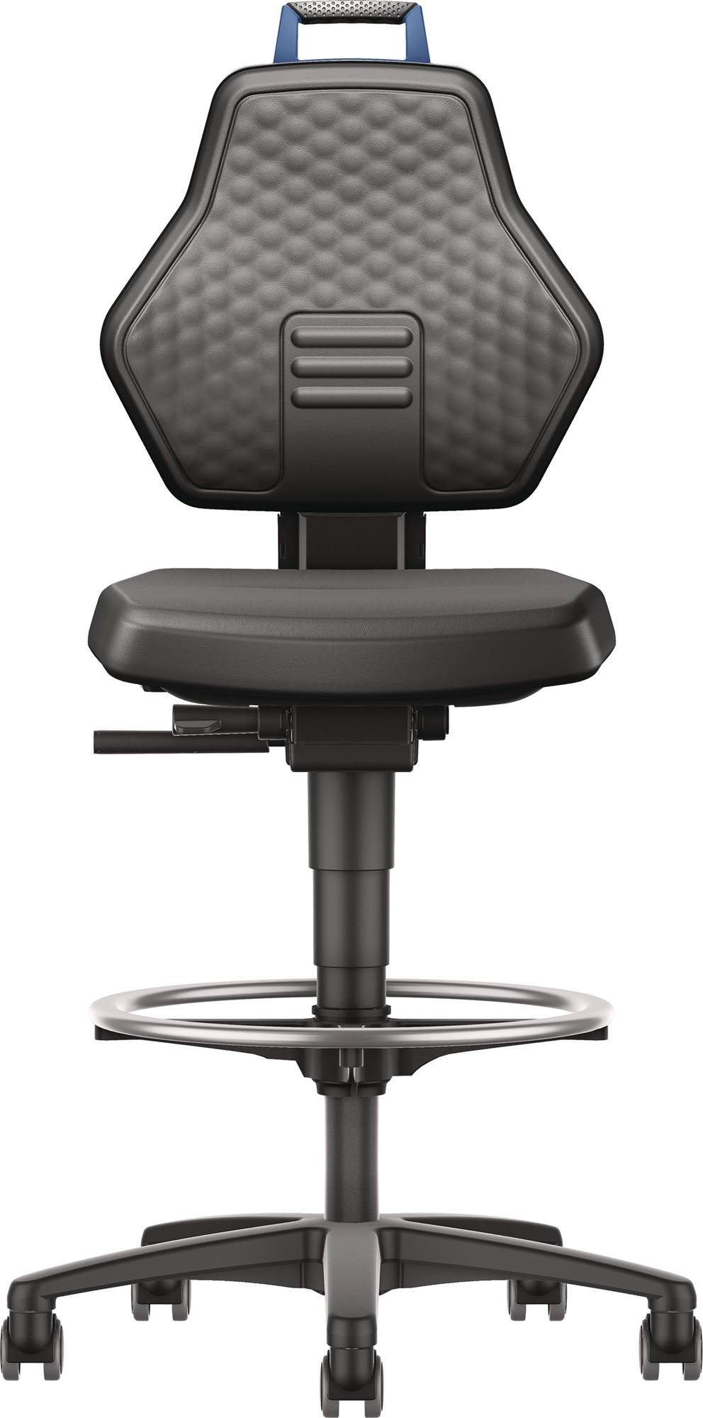 Arbeitsdrehstuhl Rl.+Fußring Kunstleder schwarz Grifffarbe blau 580-860mm TW