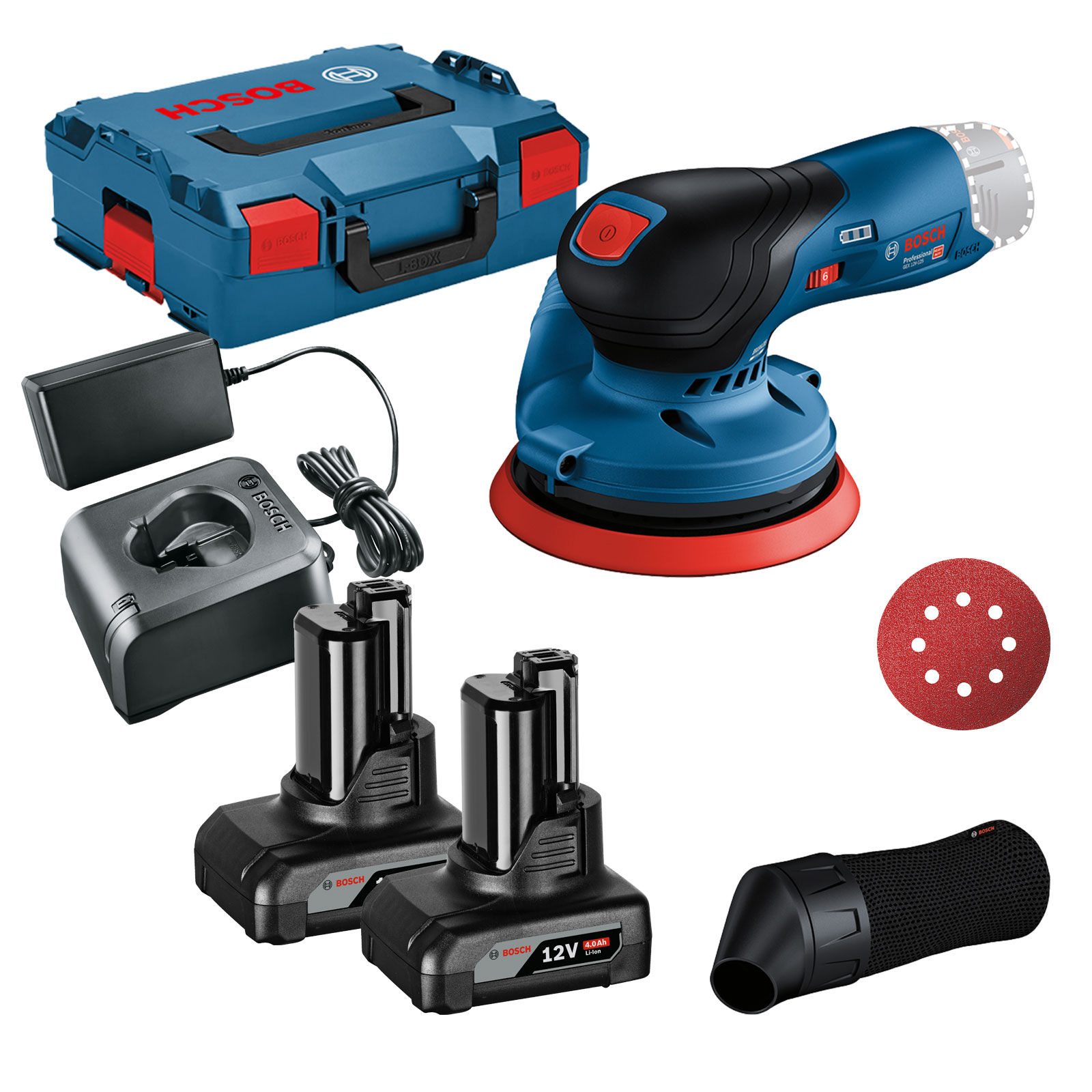 Bosch Akku-Exzenterschleifer GEX 12V-125 / 2x 4,0 Ah Akku + Ladegerät inkl. Zubehör-Set in L-Boxx