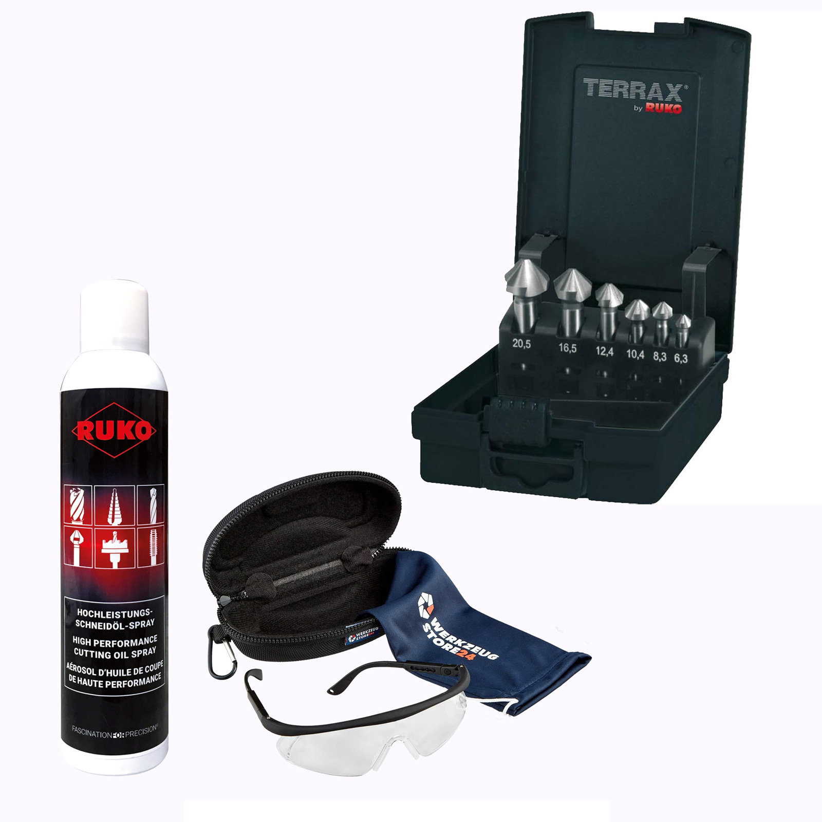 RUKO Kegel- & Entgratsenker-Satz HSS, 6tlg., 90°, DIN 335 Form C inkl. Spray & Schutzbrille - WZSA102152RO
