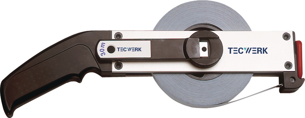 Rahmenbandmaß L.30m Bandbr.13mm Acm EG II Alu.weiß Stahlmaßband TECWERK
