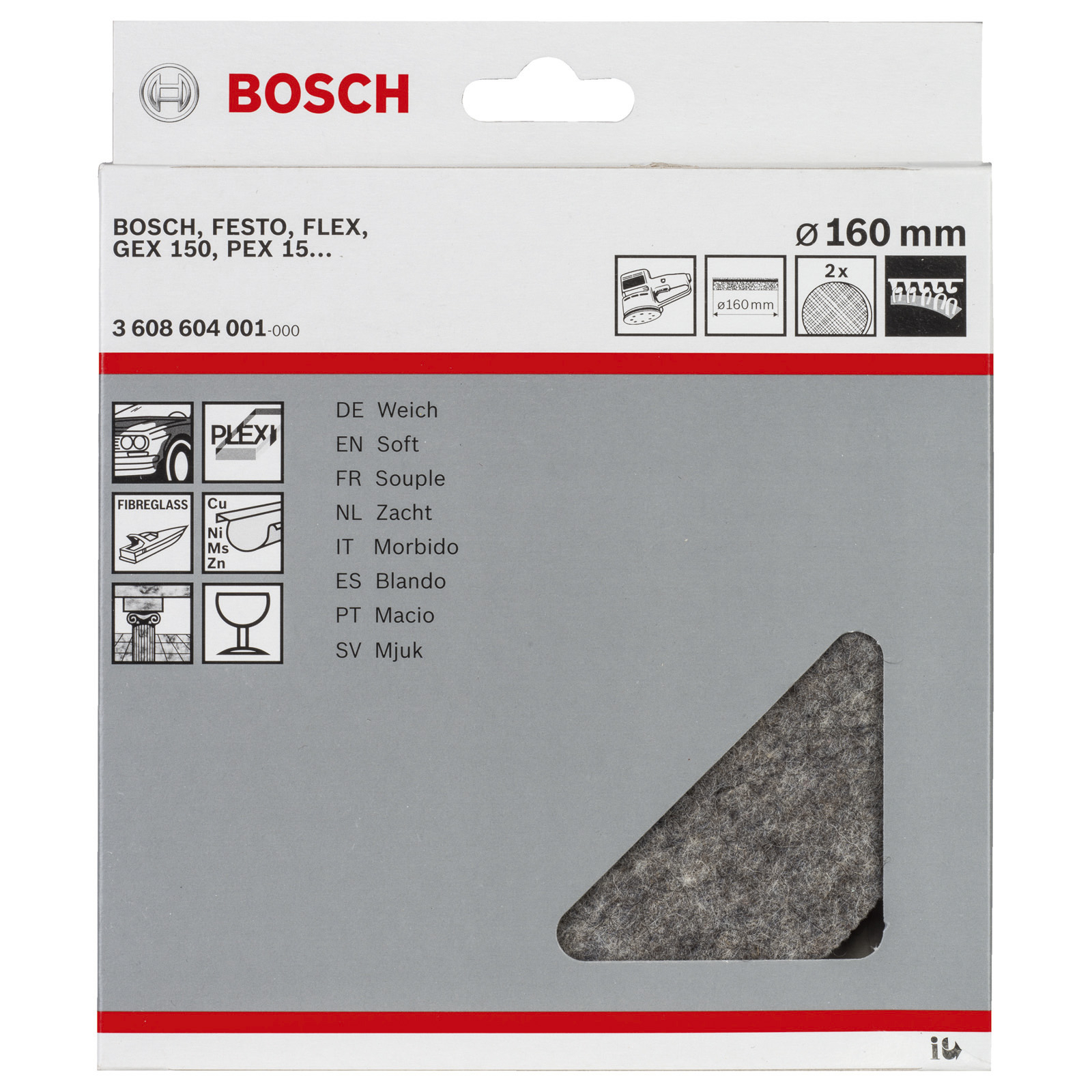 Bosch 2x Polierfilz für Exzenterschleifer Klett weich 160 mm - 3608604001