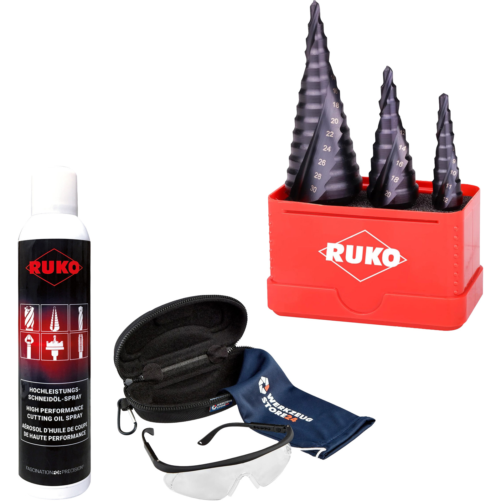 RUKO Stufenbohrer HSS-TiAlN, spiralgenutet mit Kreuzanschliff 3tlg. inkl. Spray & Schutzbrille - WZS101032F
