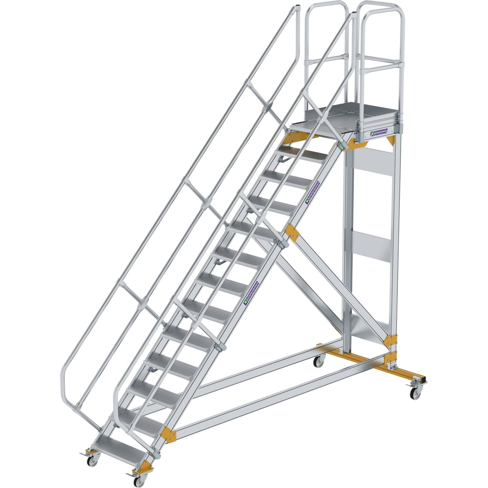 Günzburger Steigtechnik Plattformtreppe 45° fahrbar Stufenbreite 0,6 m 13 Stufen Aluminium geriffelt - 600773