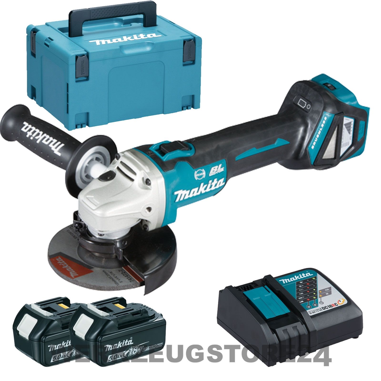 Makita DGA513RTJ Akku-Winkelschleifer Ø 125 mm 18 V / 2x 5,0 Akku + Ladegerät im Makpac