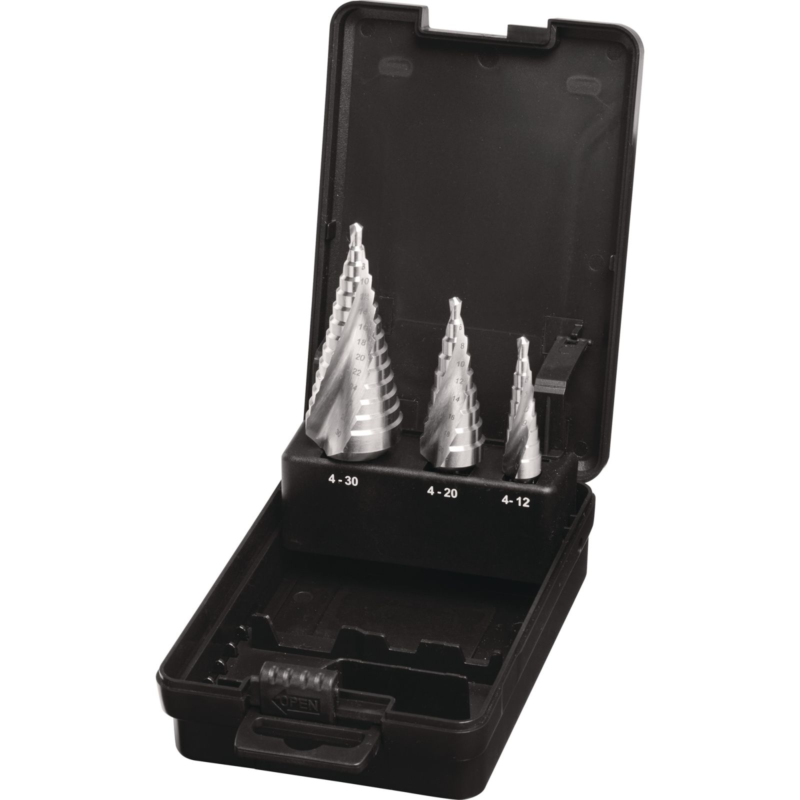 Stufenbohrersatz D.4-12/4-20/4-30mm HSS Spiralnut 3tlg.Ku.-Kass.TECWERK