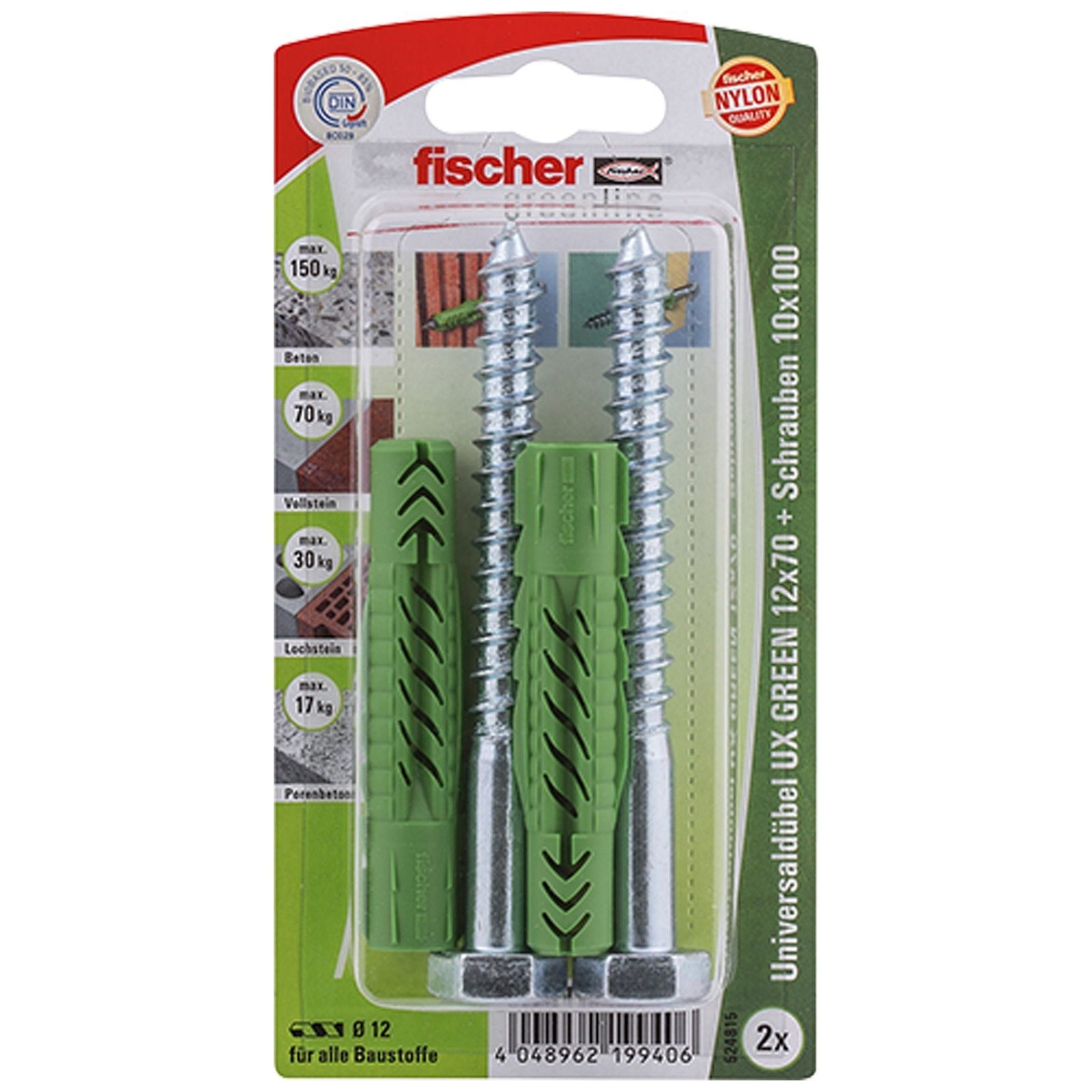 Fischer 2x Universaldübel UX GREEN 12x70 S mit Schraube - 524815