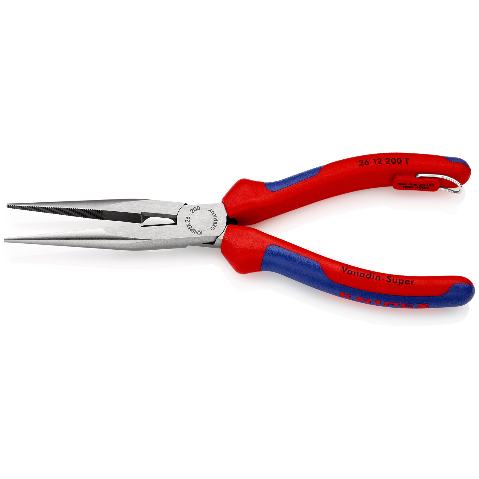 Knipex Flachrundzange mit Schneide/Befestigungsöse schwarz atramentiert, mit Mehrkomponenten-Hüllen, mit integrierter Befestigungsöse zum Anbringen einer Absturzsicherung 200 mm - 2612200TBK