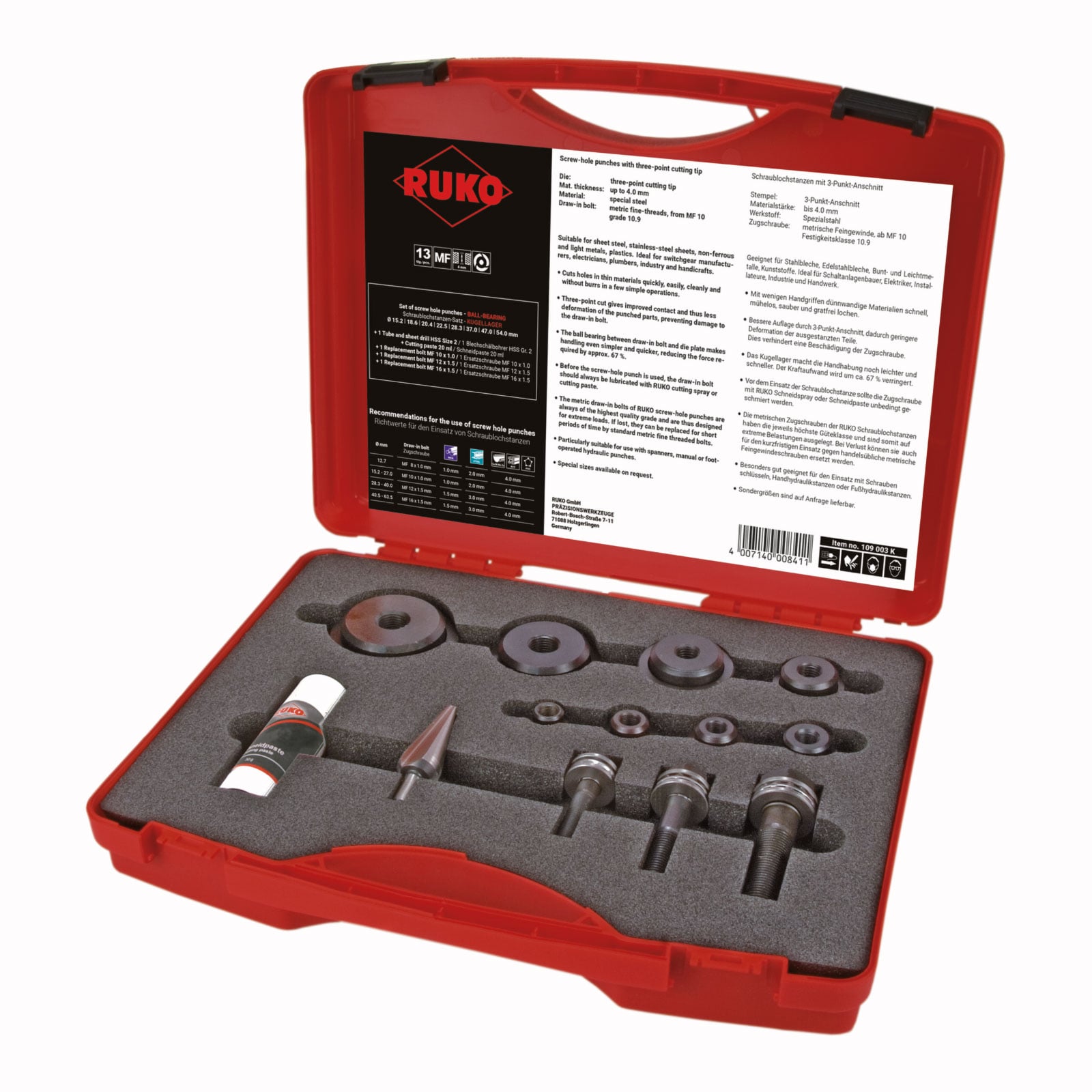 RUKO Schraublochstanzen-Satz mit Kugellager im Kunststoffkoffer - 13 tlg. - 109003K