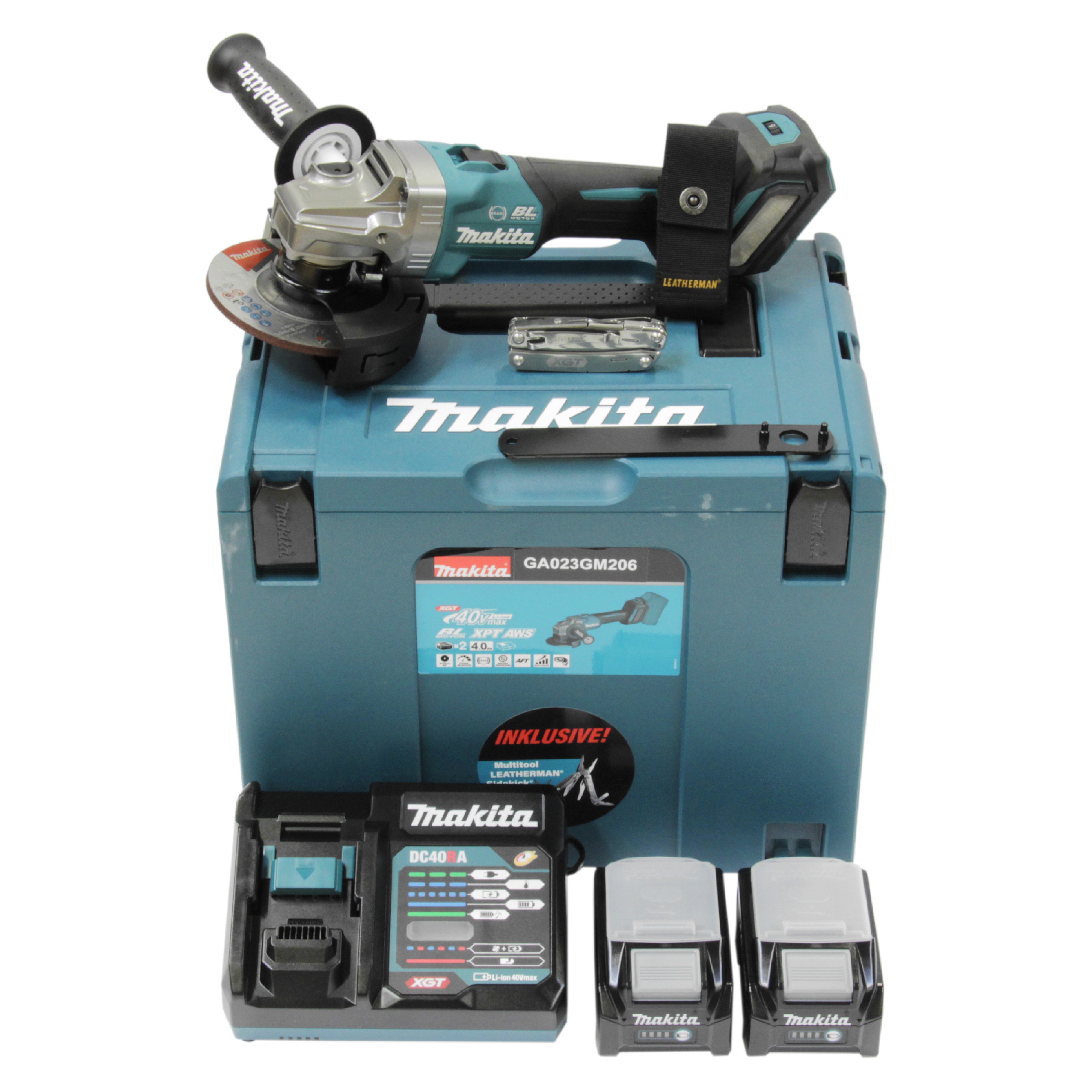 Makita GA023GM206 Akku-Winkelschleifer 40V max. / 2x 4,0 Ah Akku + Schnellladegerät im MAKPAC + Side-Kick