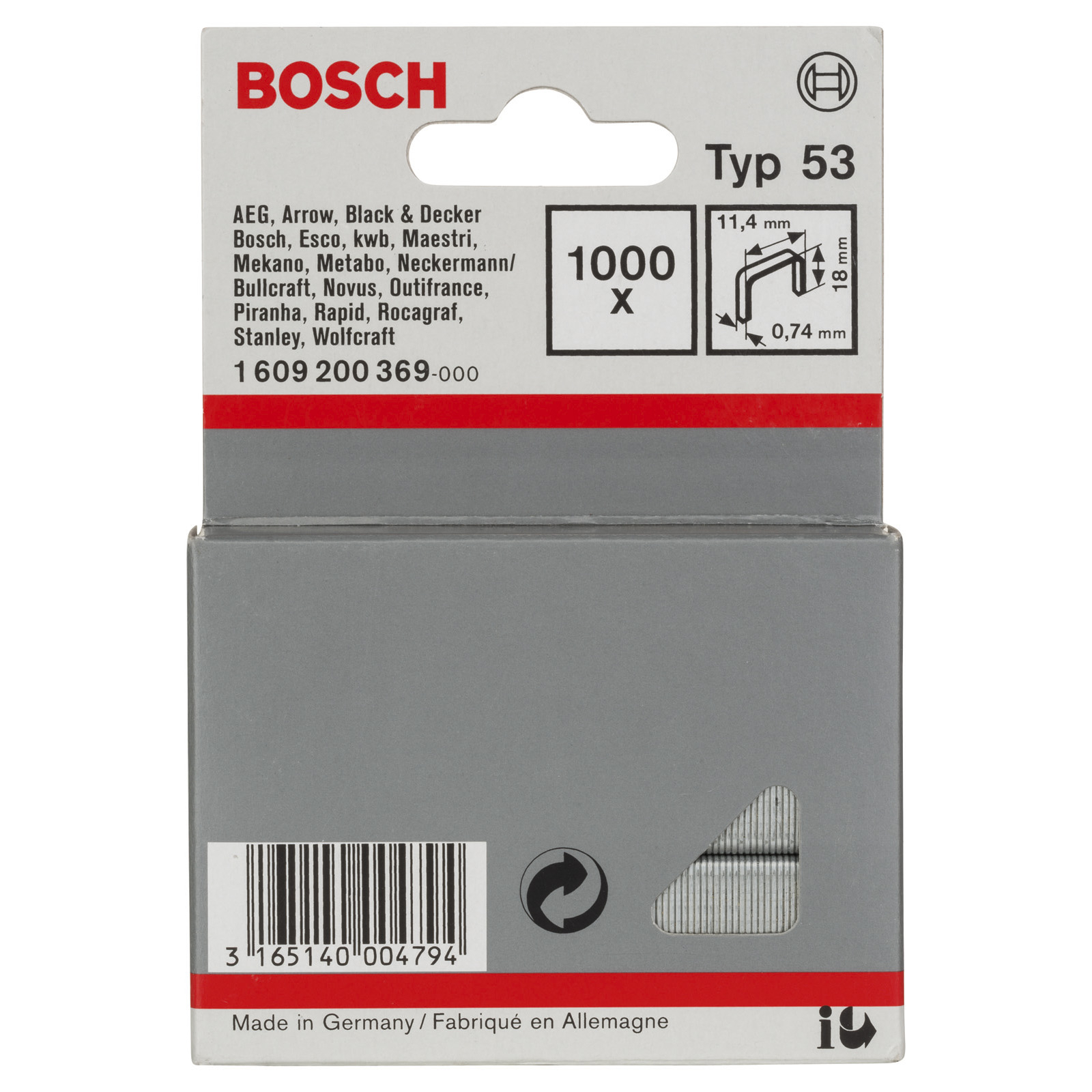 Bosch 1.000x Feindrahtklammer Typ 53, 11,4 x 0,74 x 18 mm -1609200369