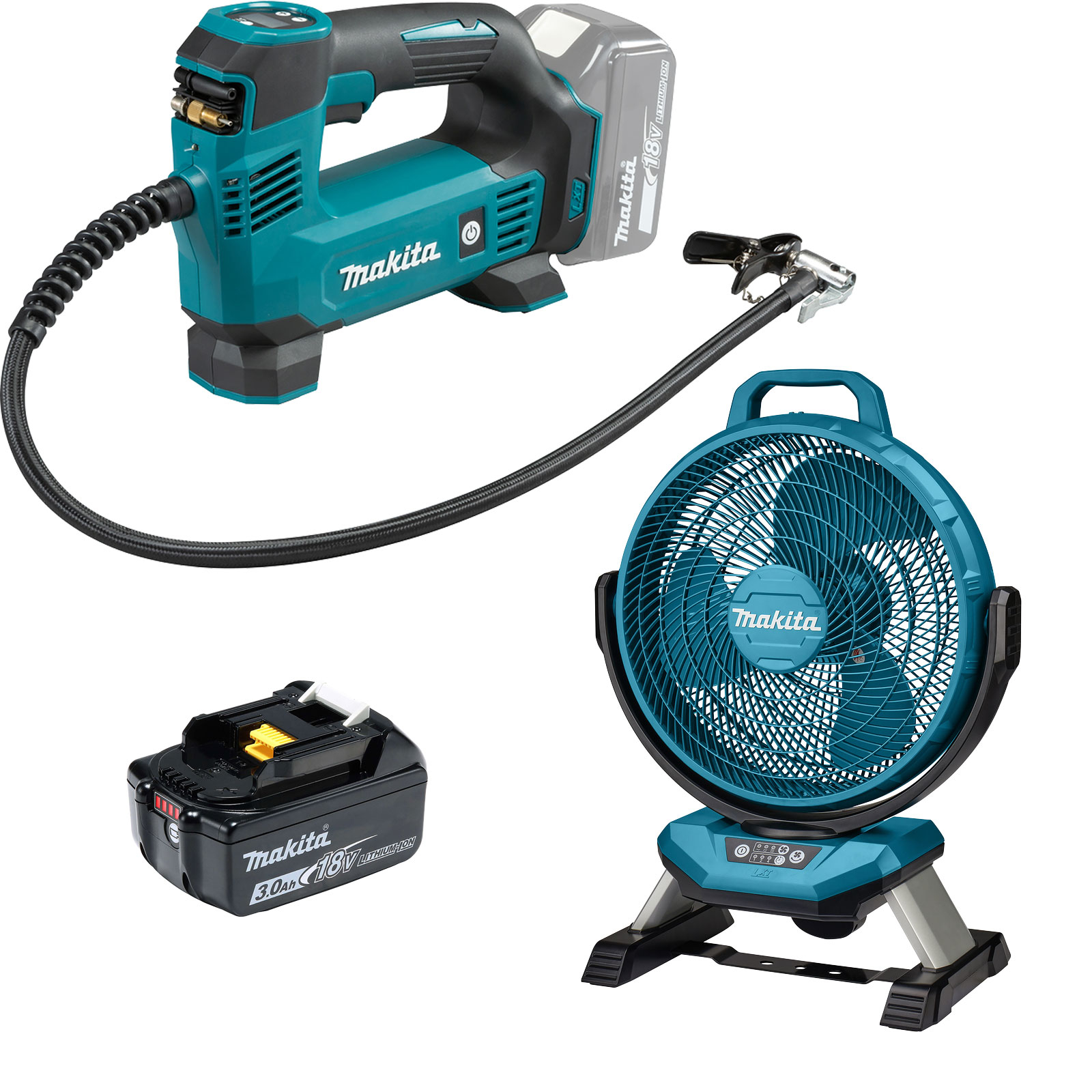 Makita DMP180F1 Akku-Kompressor 18V / 1x 3,0 Ah Akku + DCF301Z Akku-Lüfter