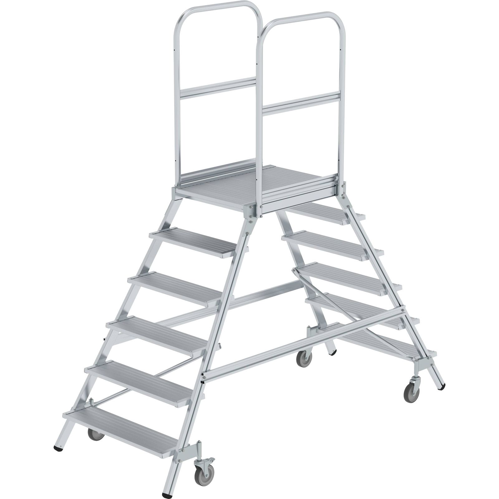 Günzburger Steigtechnik Podesttreppe beidseitig begehbar mit Federrolle Aluminium geriffelt 2x6 Stufen - 050206