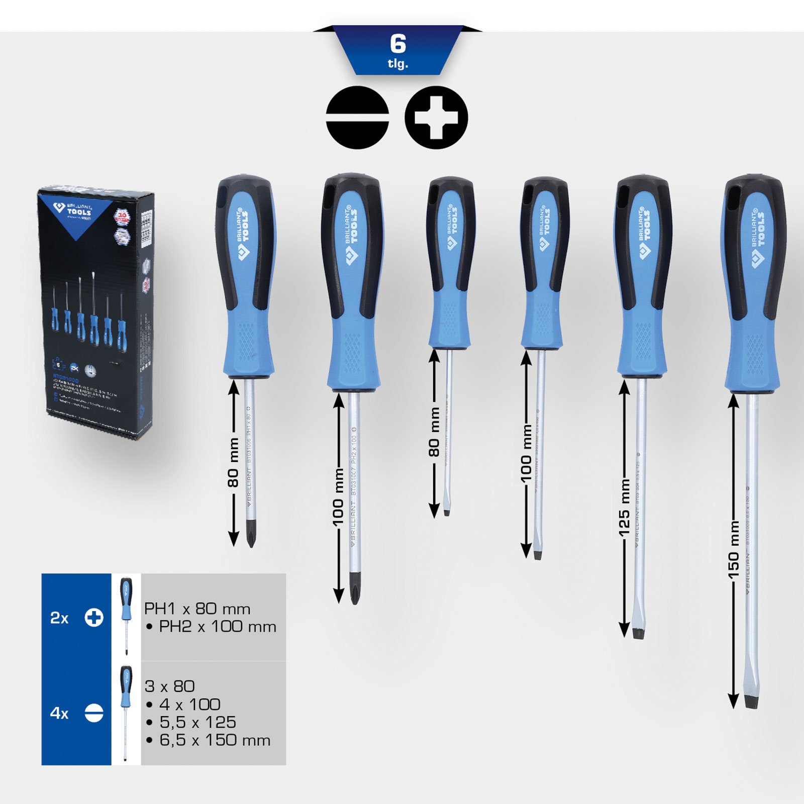 BRILLIANT TOOLS Schraubendreher-Satz 6tlg. Schlitz PH Phillips - BT031000