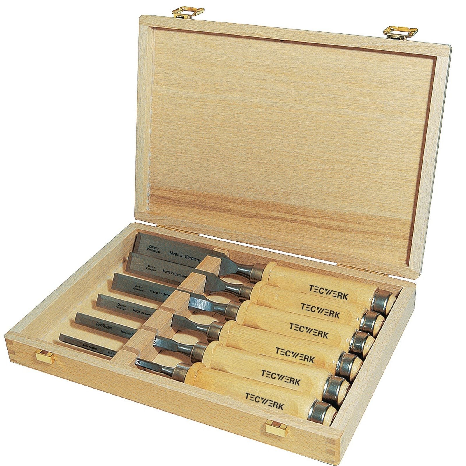 Stechbeitelsatz 6,10,12,16,20,26mm Weißbuchenh.Ulmer Form 6-tlg.HO-Kasten TW